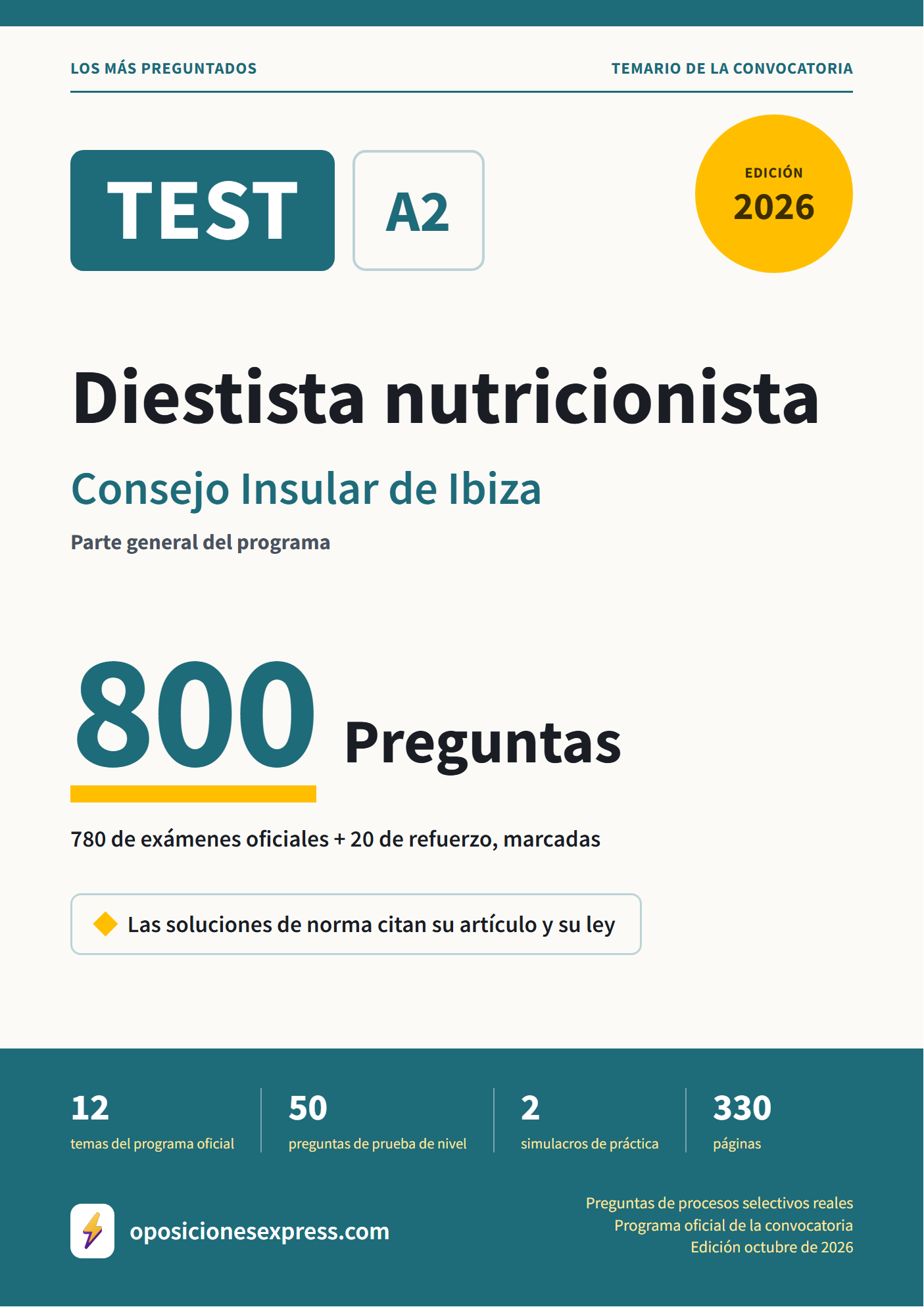 Portada del PDF «TEST Diestista nutricionista · Consejo Insular de Ibiza · Parte general», 780 preguntas reales de examen, edición octubre de 2026