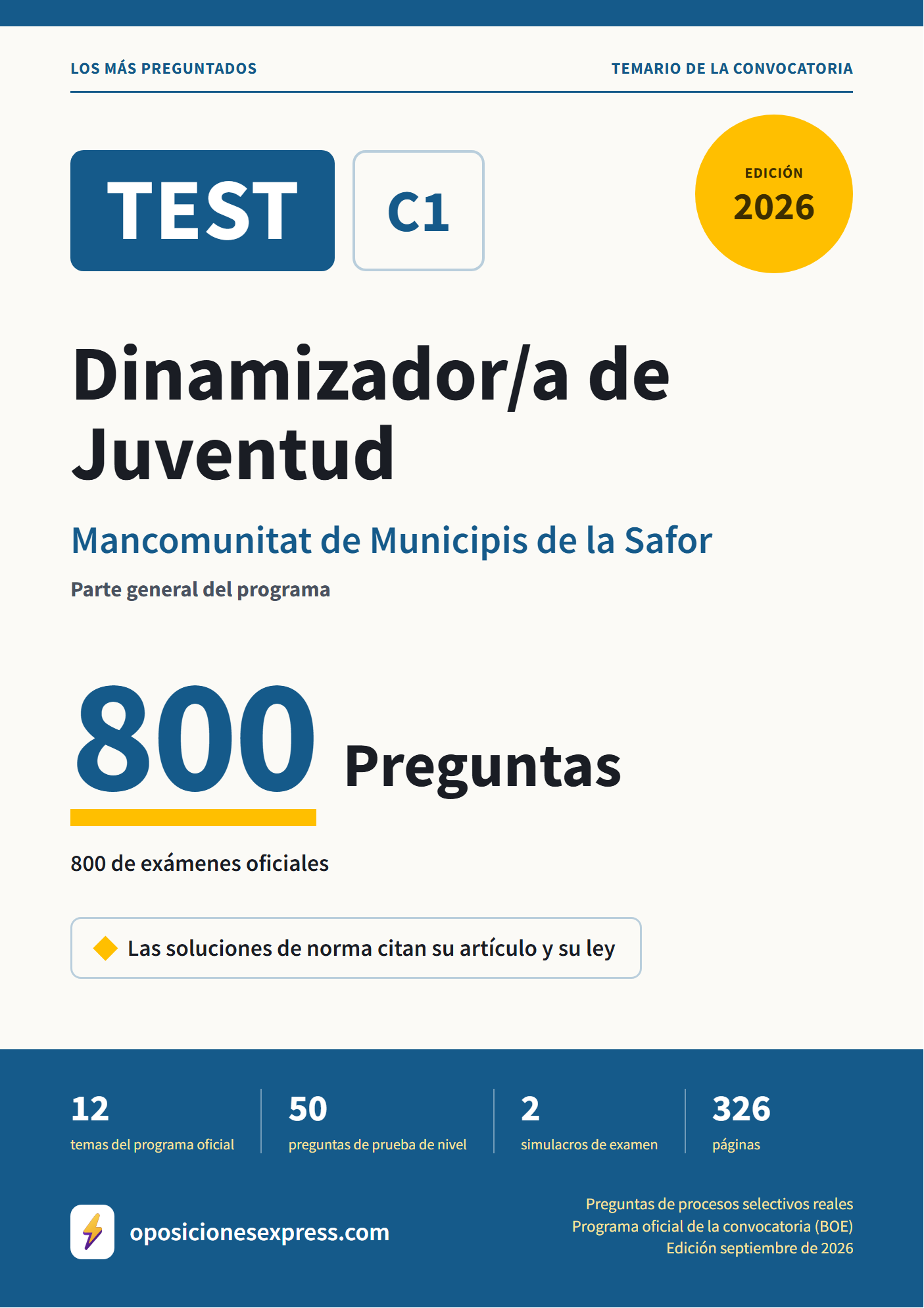 Portada del PDF «TEST Dinamizador/a de Juventud · Mancomunitat de Municipis de la Safor · Parte general», 800 preguntas reales de examen, edición septiembre de 2026
