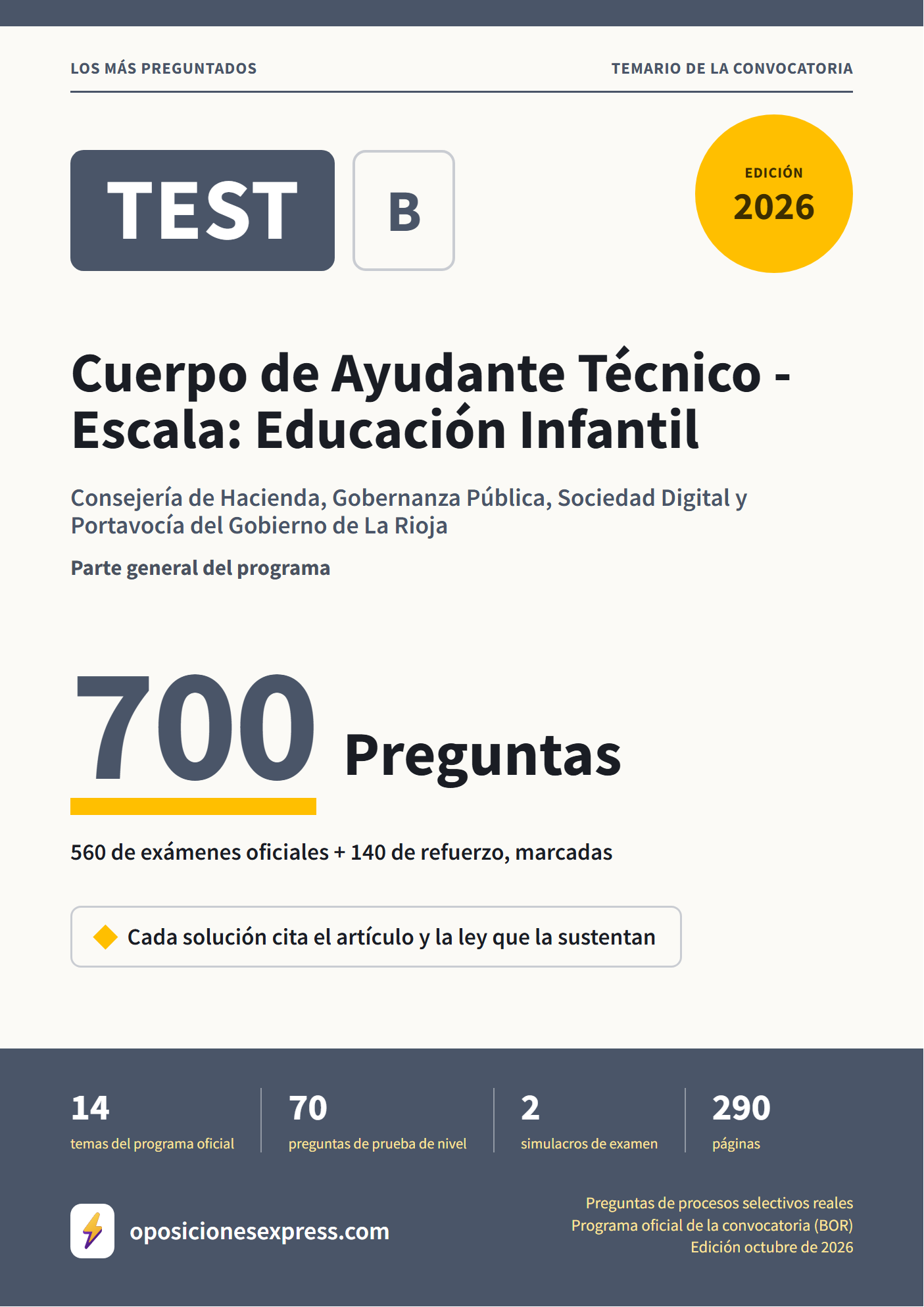 Portada del PDF «TEST Cuerpo de Ayudante Técnico - Escala: Educación Infantil · Consejería de Hacienda, Gobernanza Pública, Sociedad Digital y Portavocía del Gobierno de La Rioja · Parte general», 560 preguntas reales de examen, edición octubre de 2026