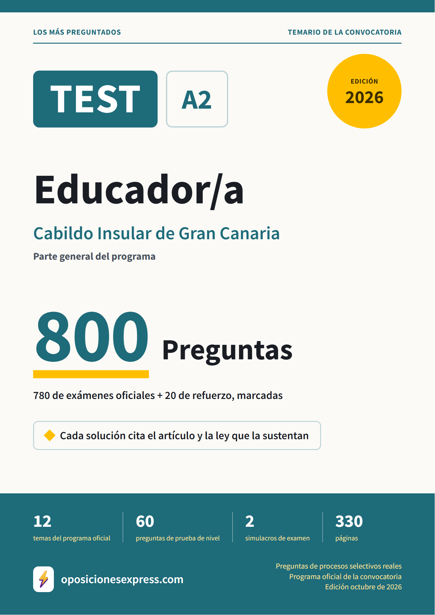 Portada del PDF «TEST Educador/a · Cabildo Insular de Gran Canaria · Parte general», 780 preguntas reales de examen, edición octubre de 2026