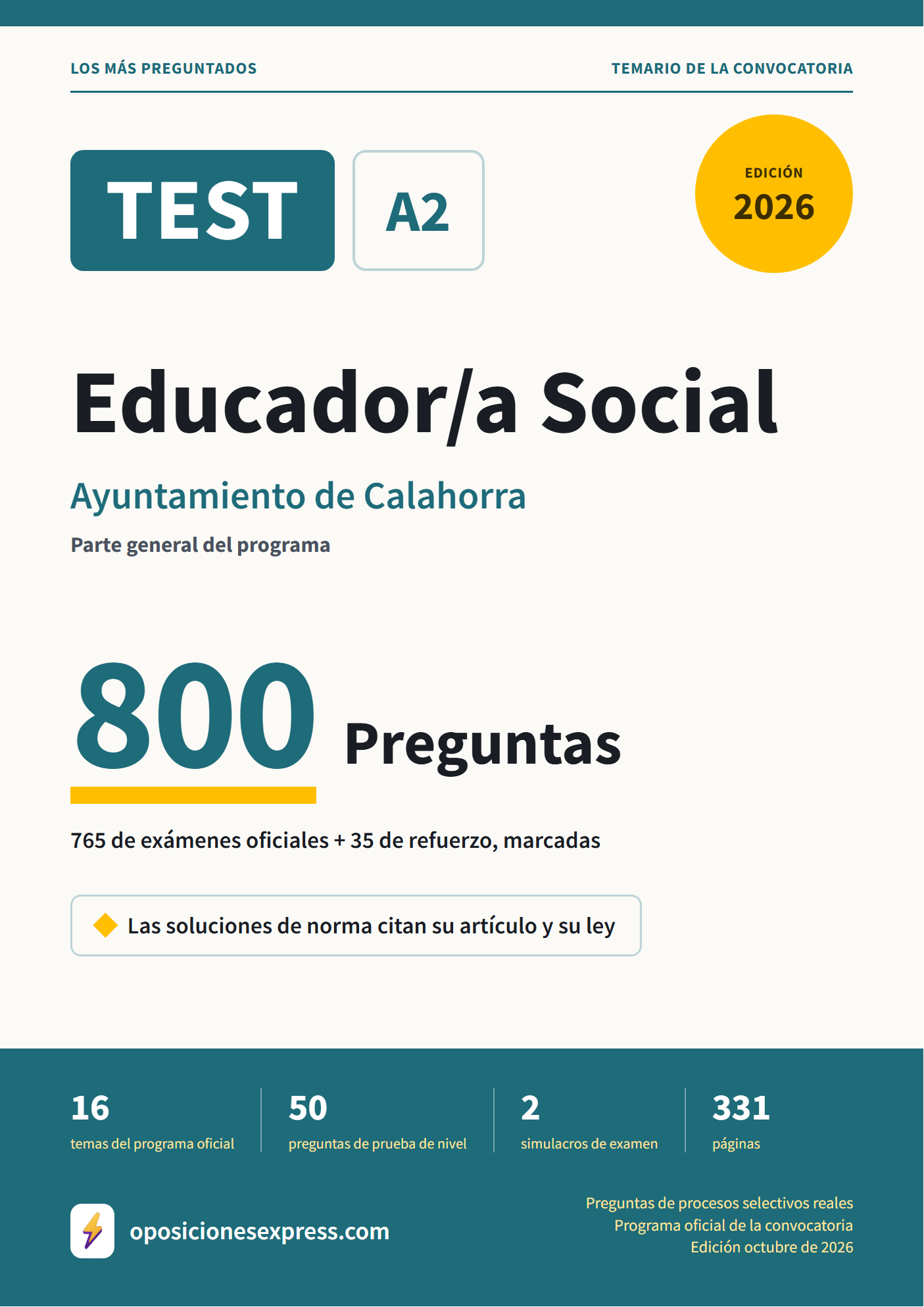 Portada del PDF «TEST Educador/a Social · Ayuntamiento de Calahorra · Parte general», 765 preguntas reales de examen, edición octubre de 2026