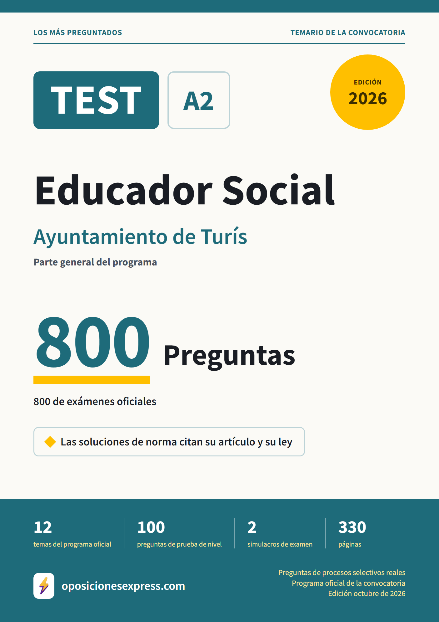 Portada del PDF «TEST Educador Social · Ayuntamiento de Turís · Parte general», 800 preguntas reales de examen, edición octubre de 2026