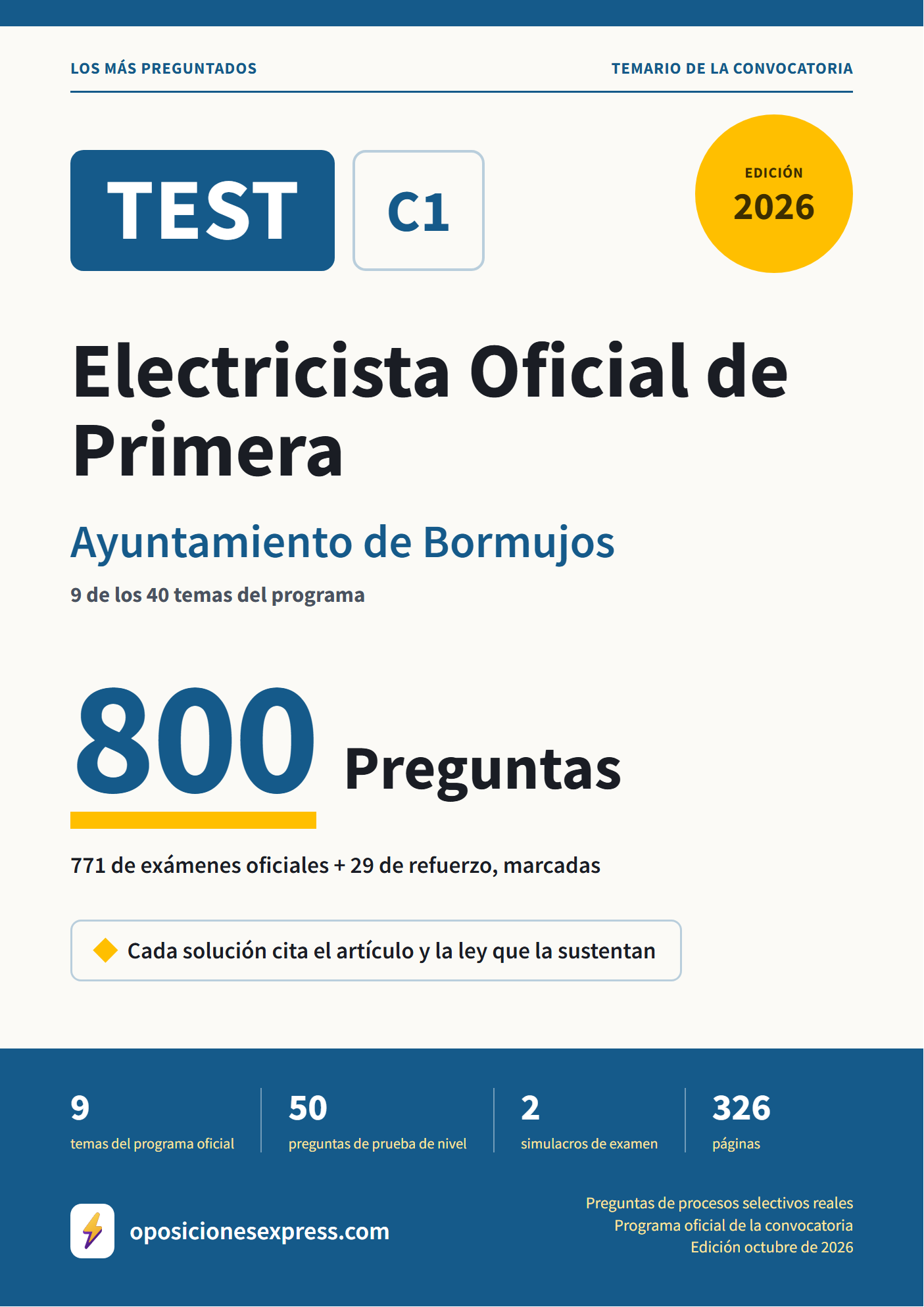 Portada del PDF «TEST Electricista Oficial de Primera · Ayuntamiento de Bormujos · 9 de 40 temas», 771 preguntas reales de examen, edición octubre de 2026