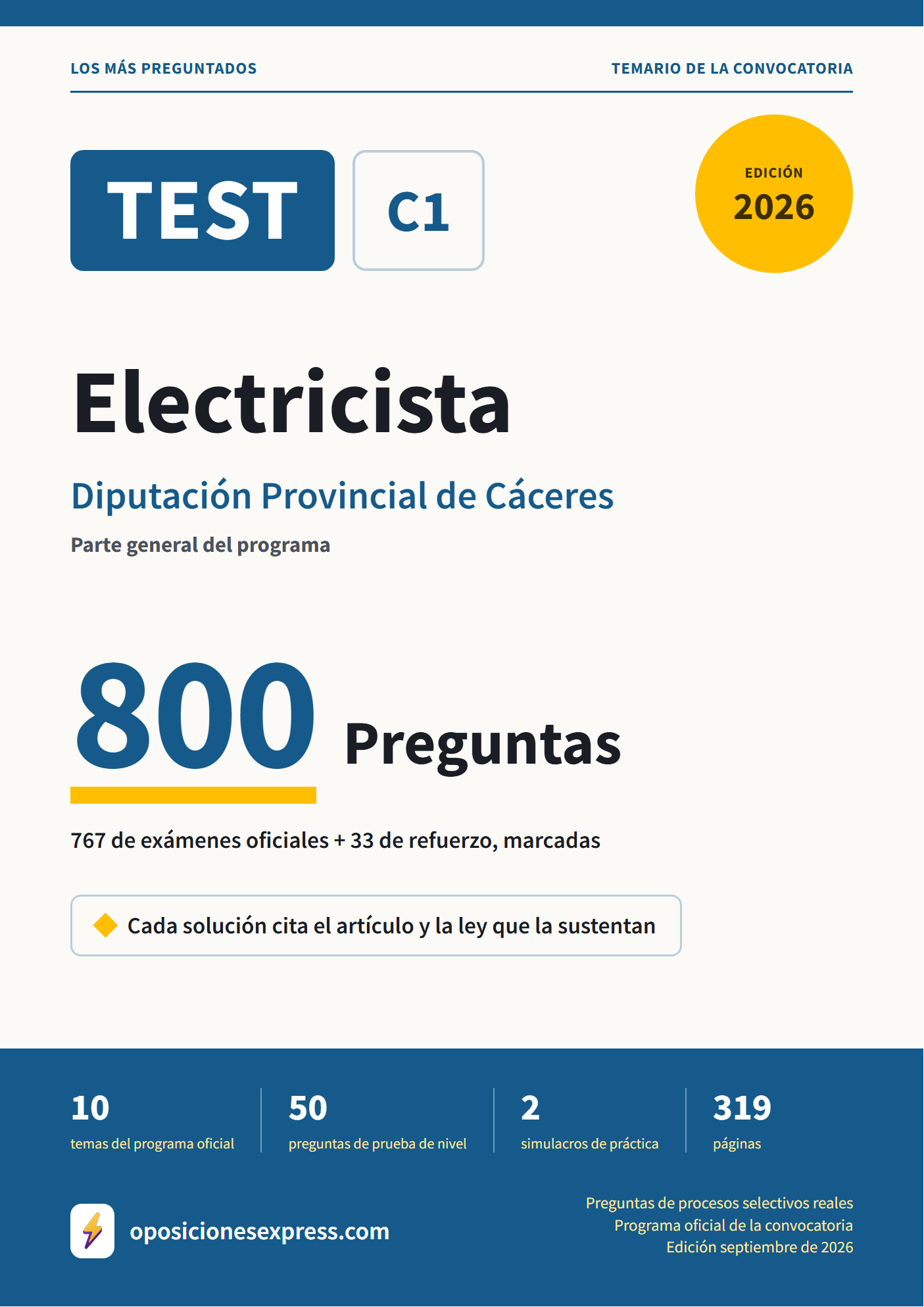 Portada del PDF «TEST Electricista · Diputación Provincial de Cáceres · Parte general», 767 preguntas reales de examen, edición septiembre de 2026
