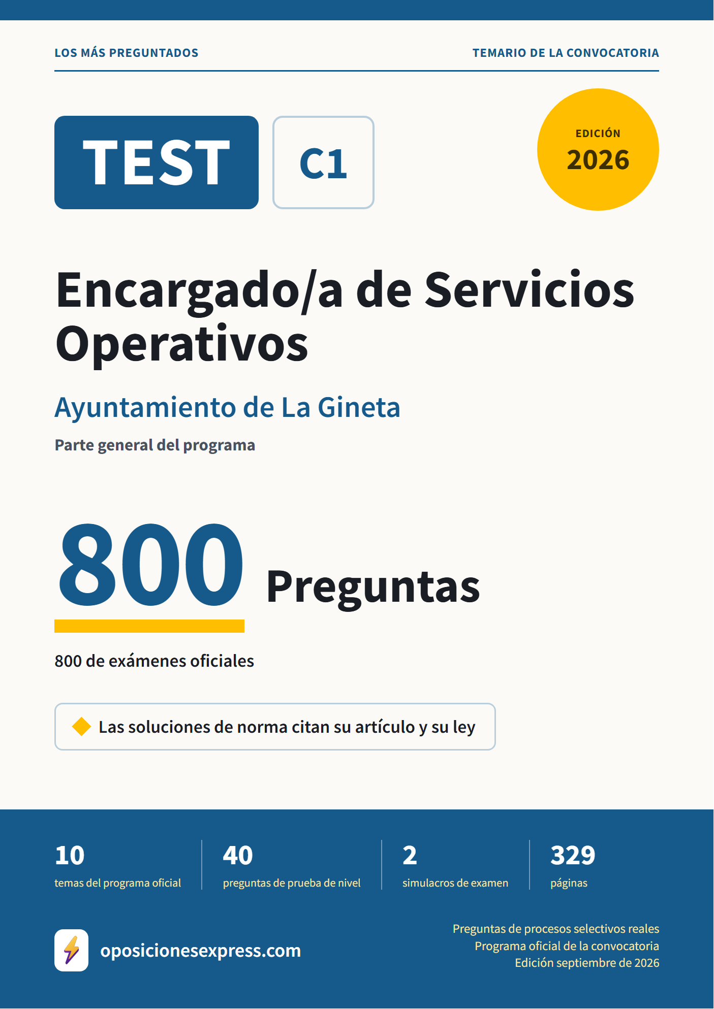 Portada del PDF «TEST Encargado/a de Servicios Operativos · Ayuntamiento de La Gineta · Parte general», 800 preguntas reales de examen, edición septiembre de 2026