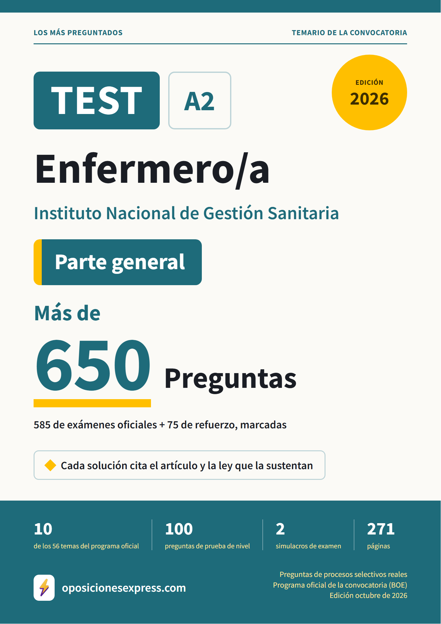 Portada del PDF «TEST Enfermero/a · Instituto Nacional de Gestión Sanitaria — Parte general», 585 preguntas reales de examen, edición octubre de 2026