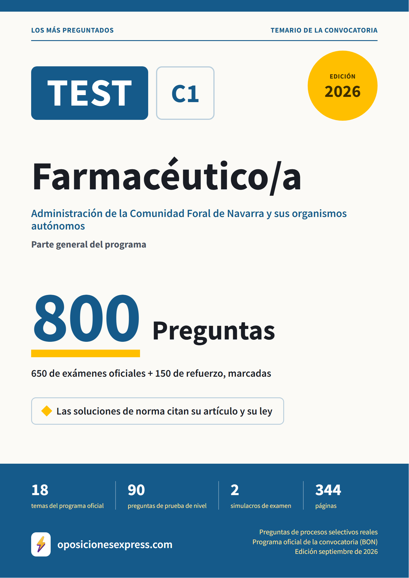 Portada del PDF «TEST Farmacéutico/a · Administración de la Comunidad Foral de Navarra y sus organismos autónomos · Parte general», 650 preguntas reales de examen, edición septiembre de 2026