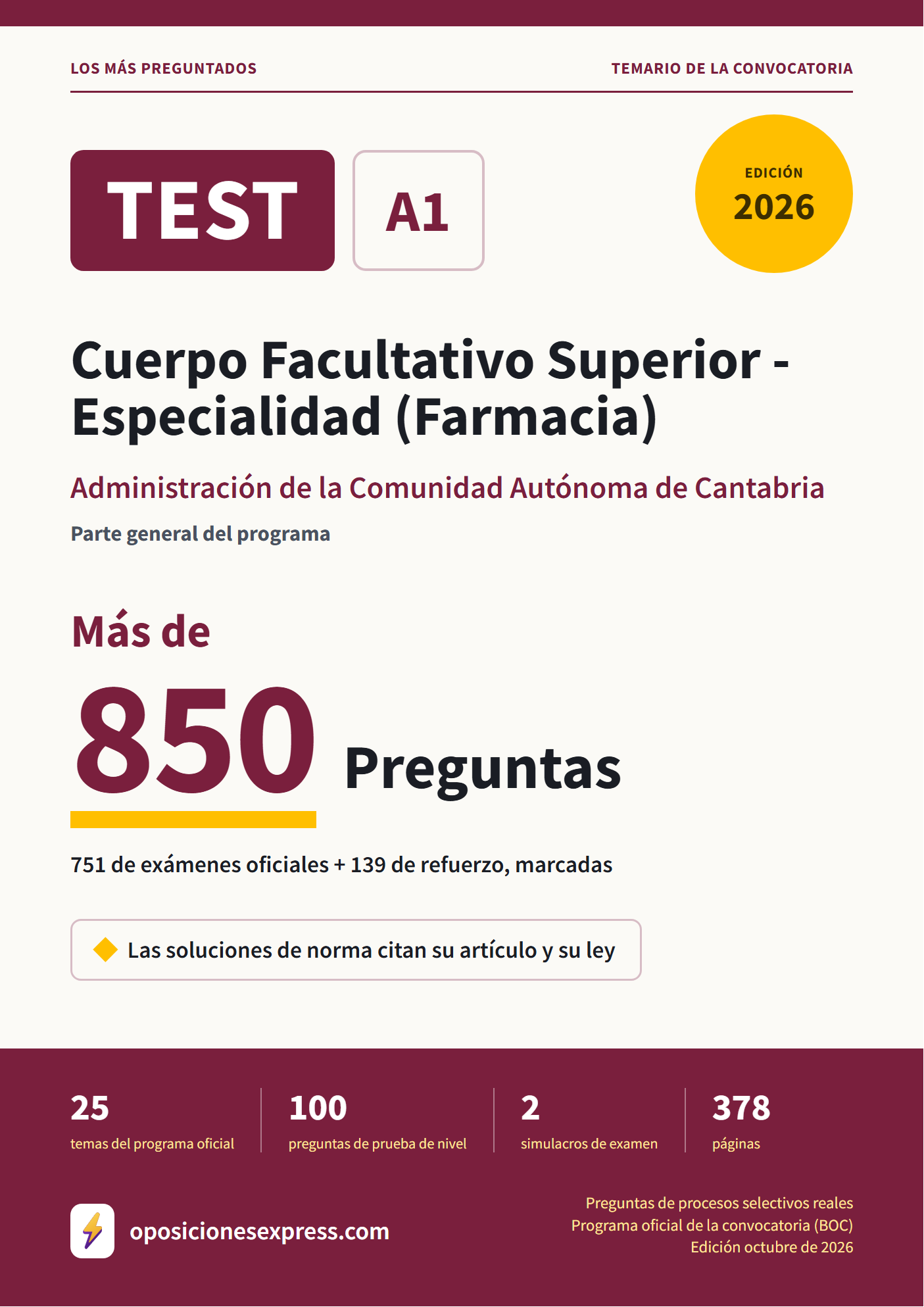 Portada del PDF «TEST Cuerpo Facultativo Superior - Especialidad (Farmacia) · Administración de la Comunidad Autónoma de Cantabria · Parte general», 751 preguntas reales de examen, edición octubre de 2026