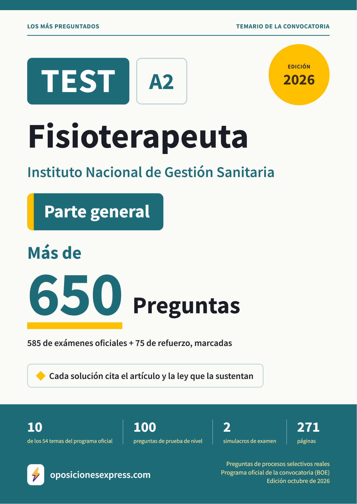 Portada del PDF «TEST Fisioterapeuta · Instituto Nacional de Gestión Sanitaria — Parte general», 585 preguntas reales de examen, edición octubre de 2026
