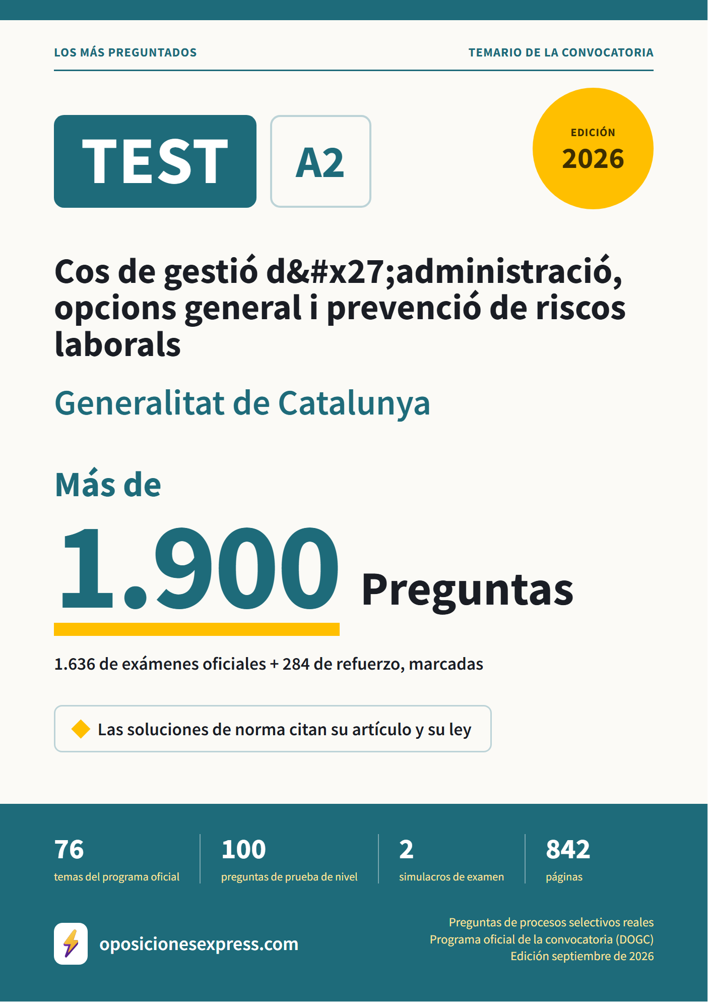 Portada del PDF «TEST Cos de gestió d'administració, opcions general i prevenció de riscos laborals · Generalitat de Catalunya», 1.636 preguntas reales de examen, edición septiembre de 2026