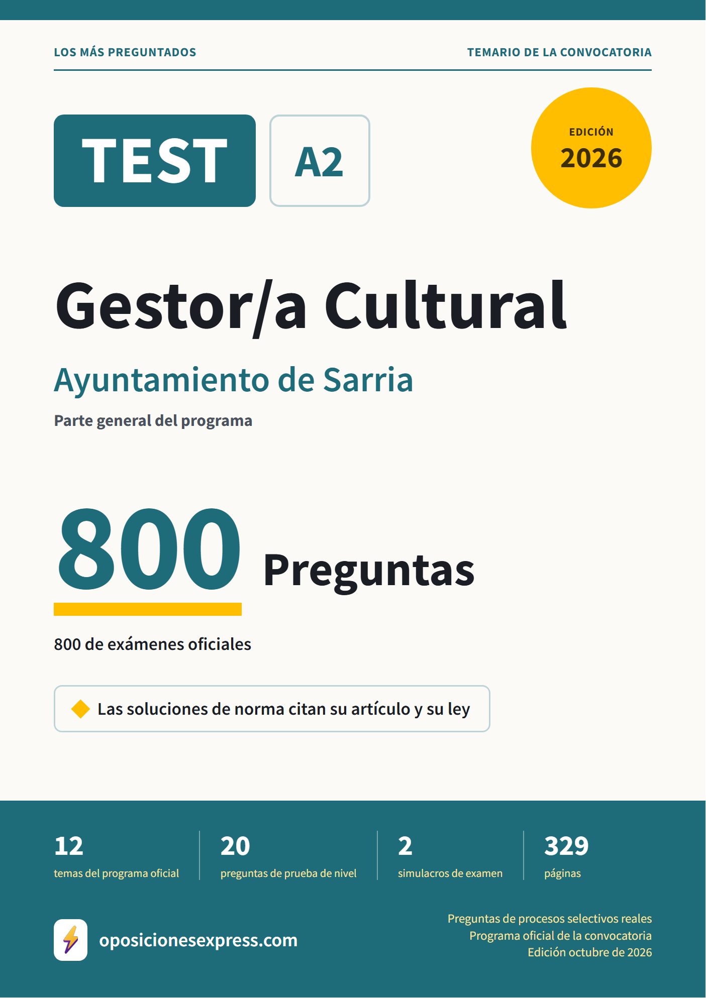 Portada del PDF «TEST Gestor/a Cultural · Ayuntamiento de Sarria · Parte general», 800 preguntas reales de examen, edición octubre de 2026