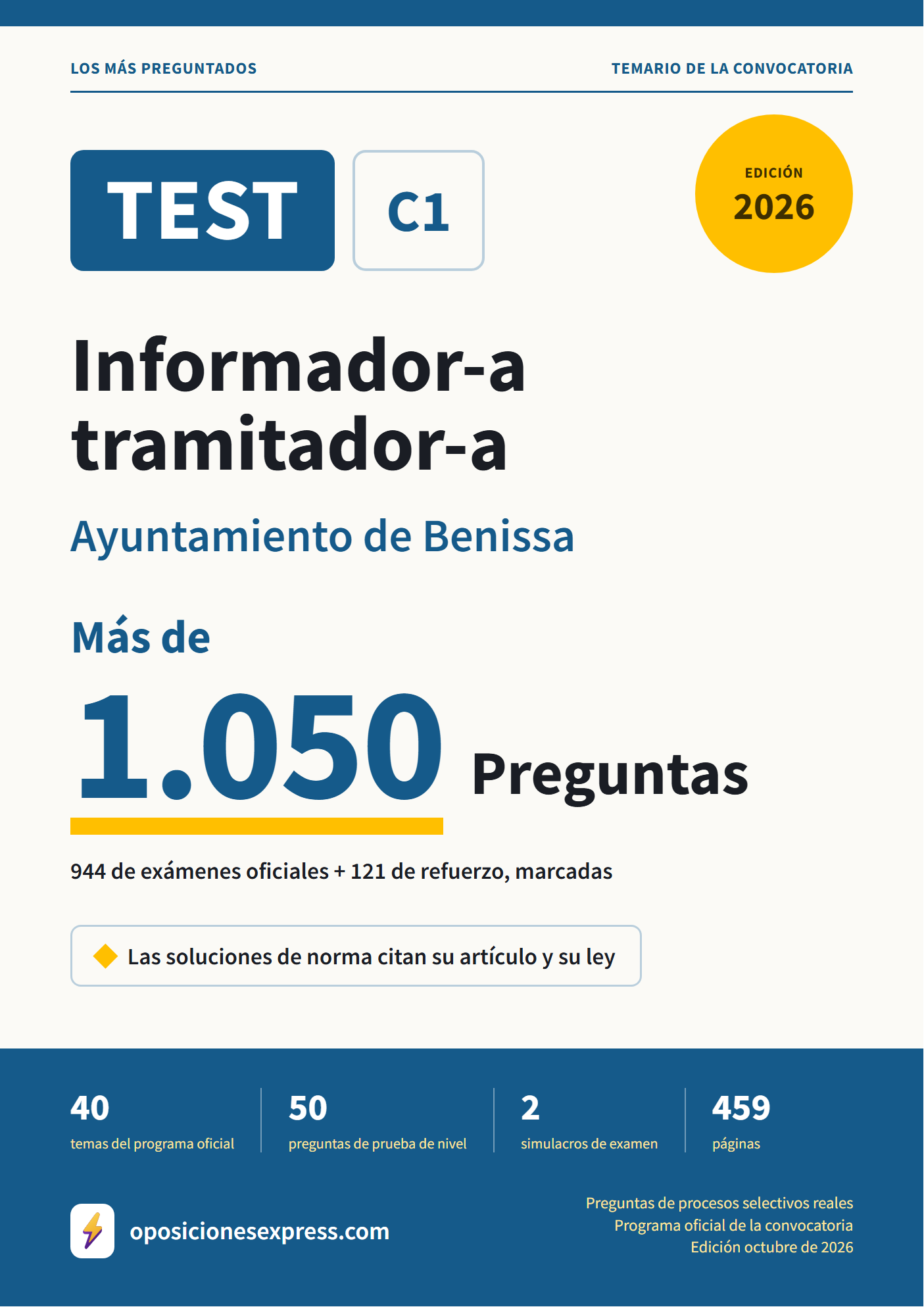 Portada del PDF «TEST Informador-a tramitador-a · Ayuntamiento de Benissa», 944 preguntas reales de examen, edición octubre de 2026