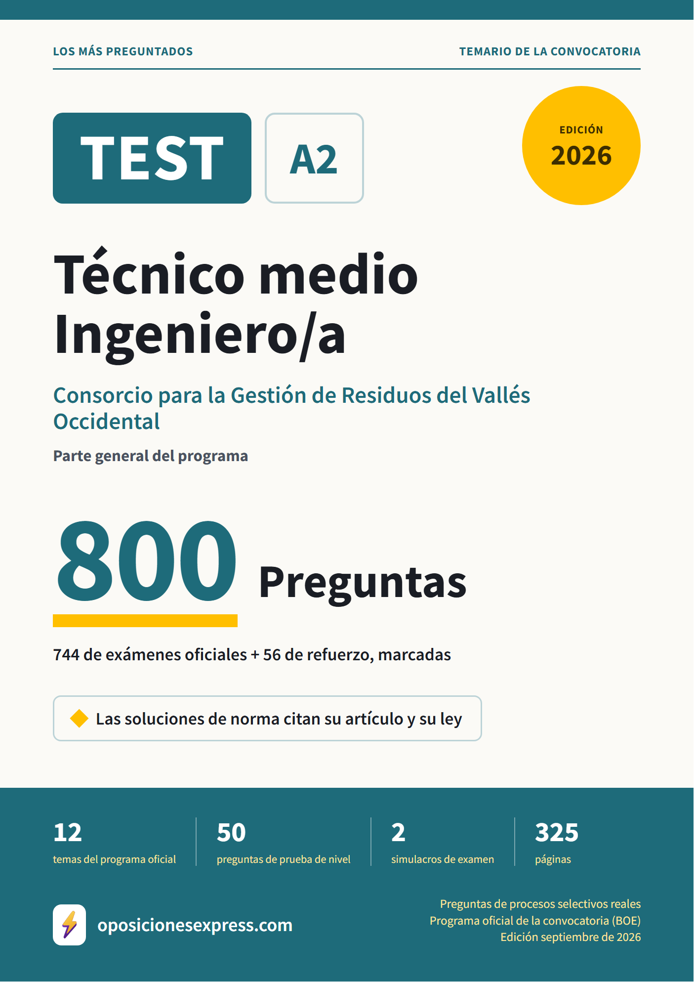 Portada del PDF «TEST Técnico medio Ingeniero/a · Consorcio para la Gestión de Residuos del Vallés Occidental · Parte general», 744 preguntas reales de examen, edición septiembre de 2026
