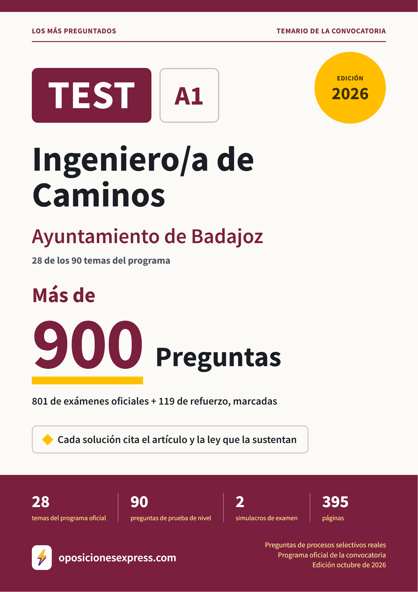 Portada del PDF «TEST Ingeniero/a de Caminos · Ayuntamiento de Badajoz · 28 de 90 temas», 801 preguntas reales de examen, edición octubre de 2026