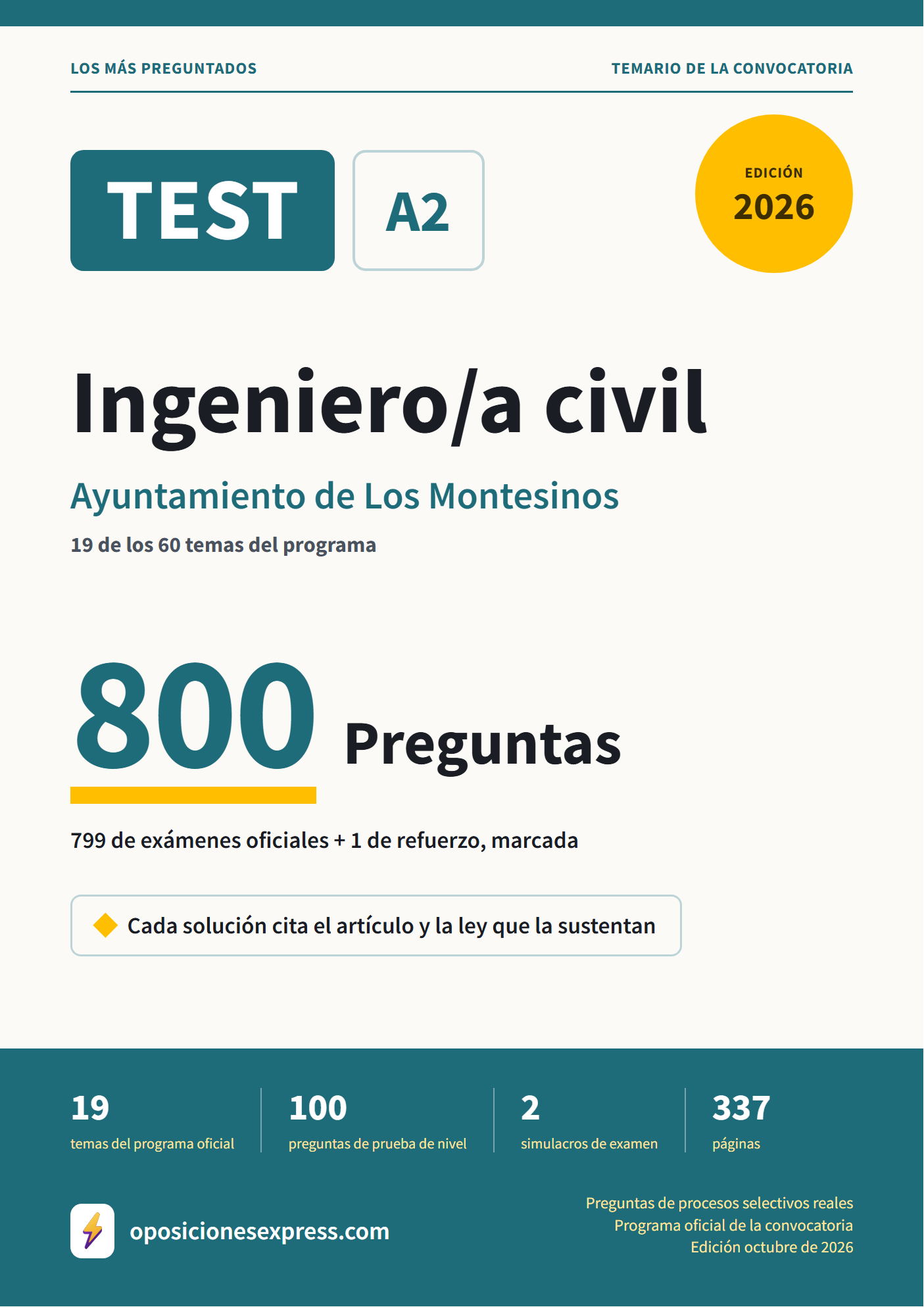 Portada del PDF «TEST Ingeniero/a civil · Ayuntamiento de Los Montesinos · 19 de 60 temas», 799 preguntas reales de examen, edición octubre de 2026