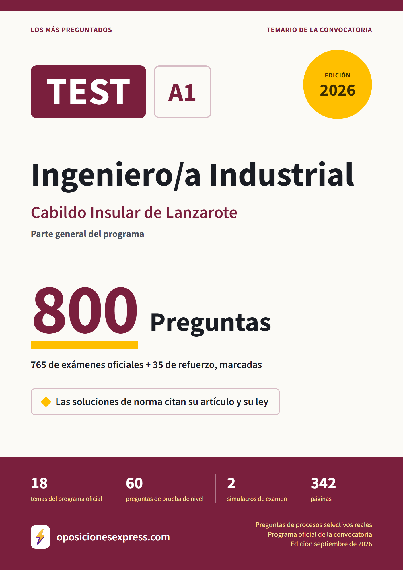 Portada del PDF «TEST Ingeniero/a Industrial · Cabildo Insular de Lanzarote · Parte general», 765 preguntas reales de examen, edición septiembre de 2026