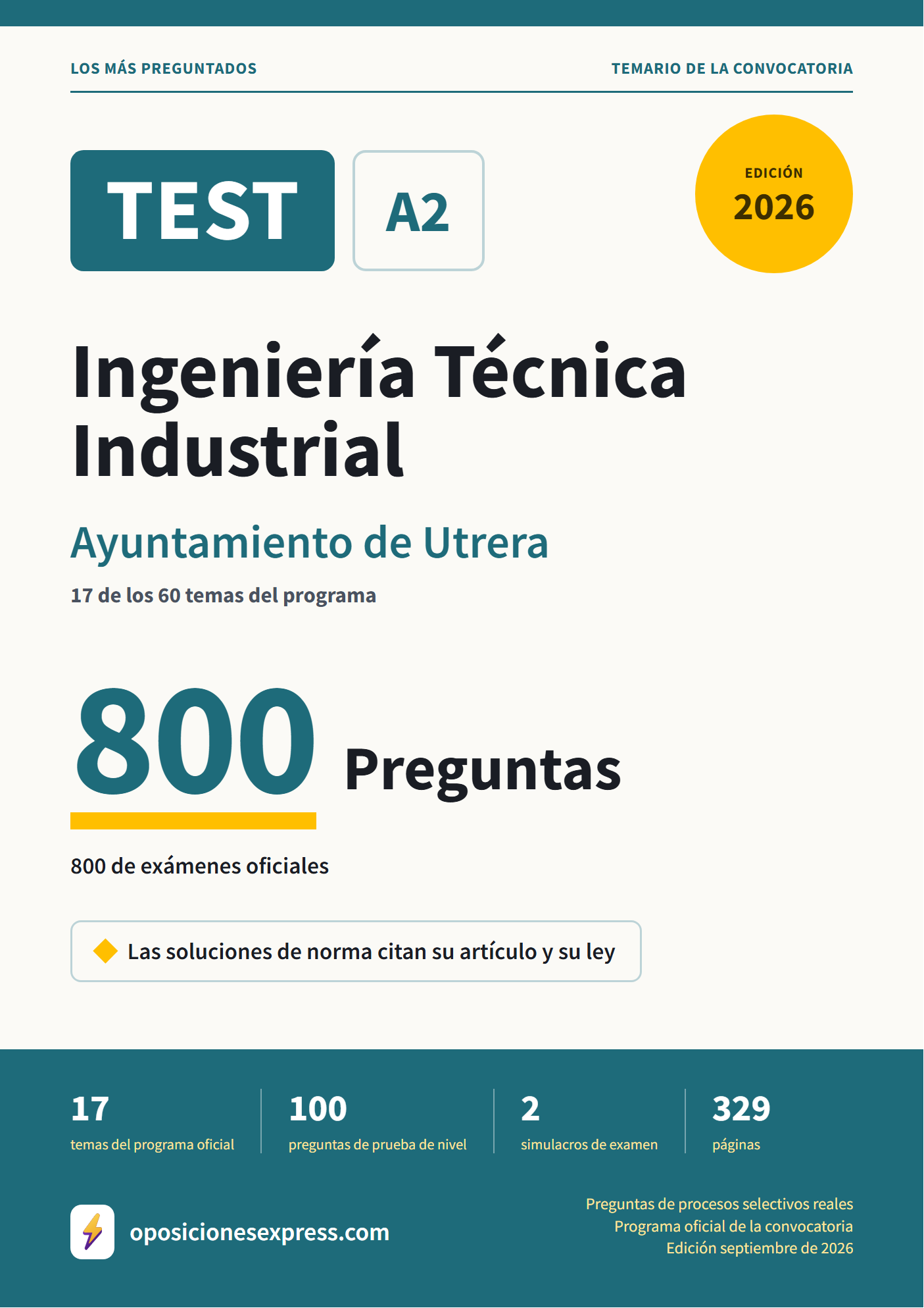 Portada del PDF «TEST Ingeniería Técnica Industrial · Ayuntamiento de Utrera · 17 de 60 temas», 800 preguntas reales de examen, edición septiembre de 2026
