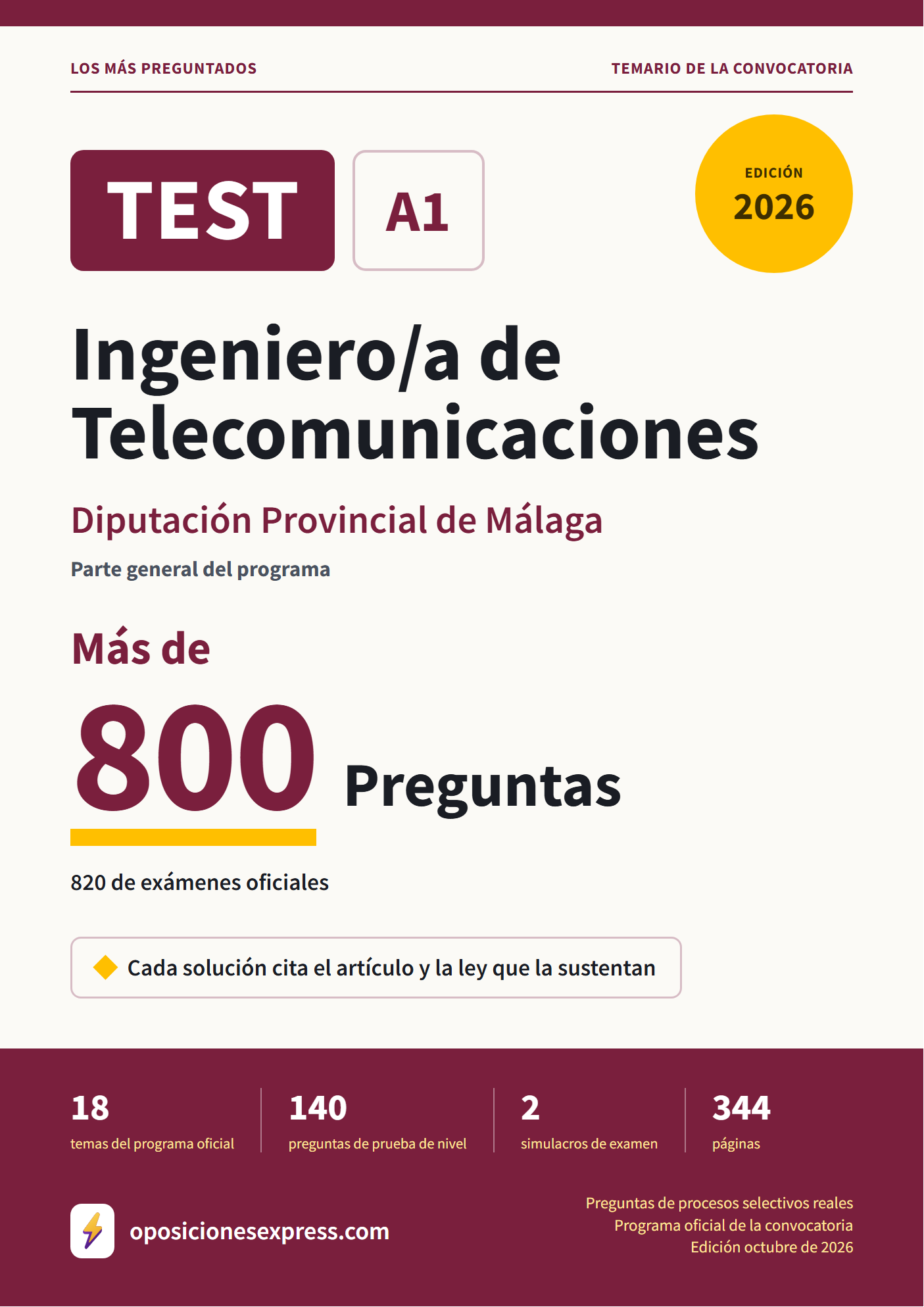 Portada del PDF «TEST Ingeniero/a de Telecomunicaciones · Diputación Provincial de Málaga · Parte general», 820 preguntas reales de examen, edición octubre de 2026