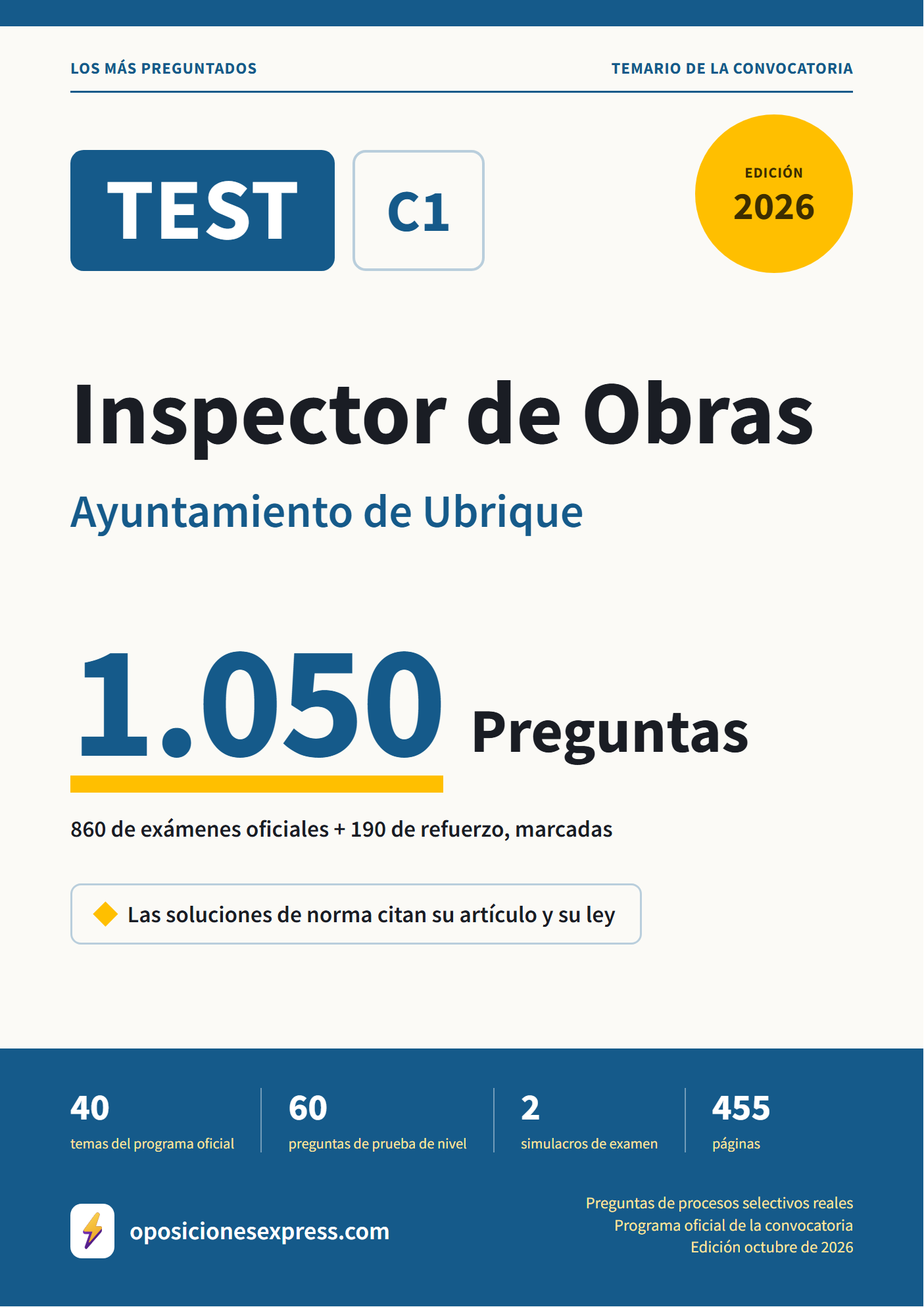 Portada del PDF «TEST Inspector de Obras · Ayuntamiento de Ubrique», 860 preguntas reales de examen, edición octubre de 2026