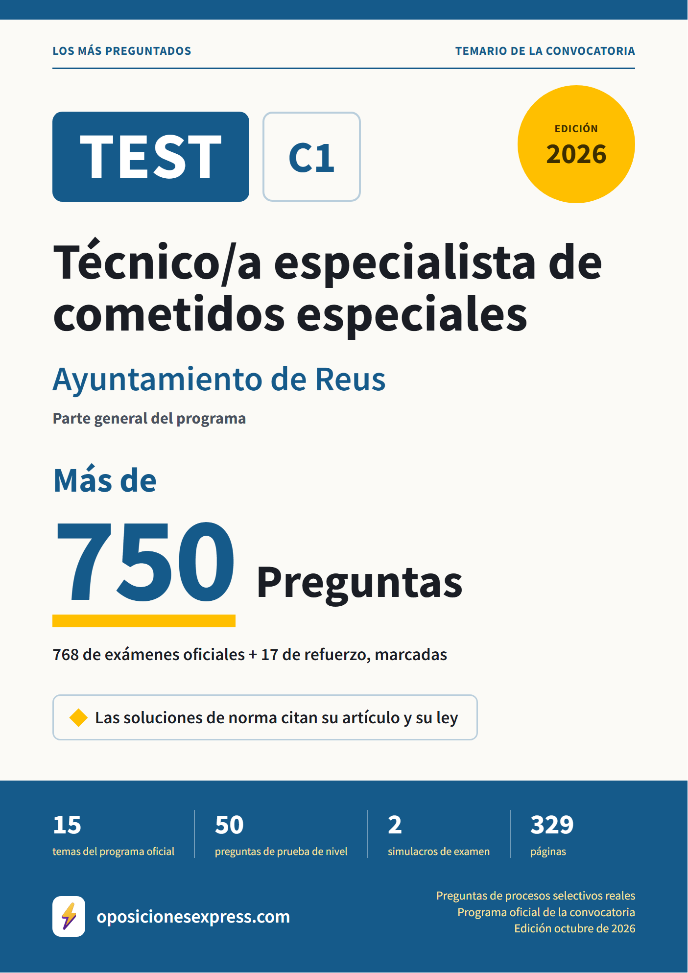 Portada del PDF «TEST Técnico/a especialista de cometidos especiales · Ayuntamiento de Reus · Parte general», 768 preguntas reales de examen, edición octubre de 2026