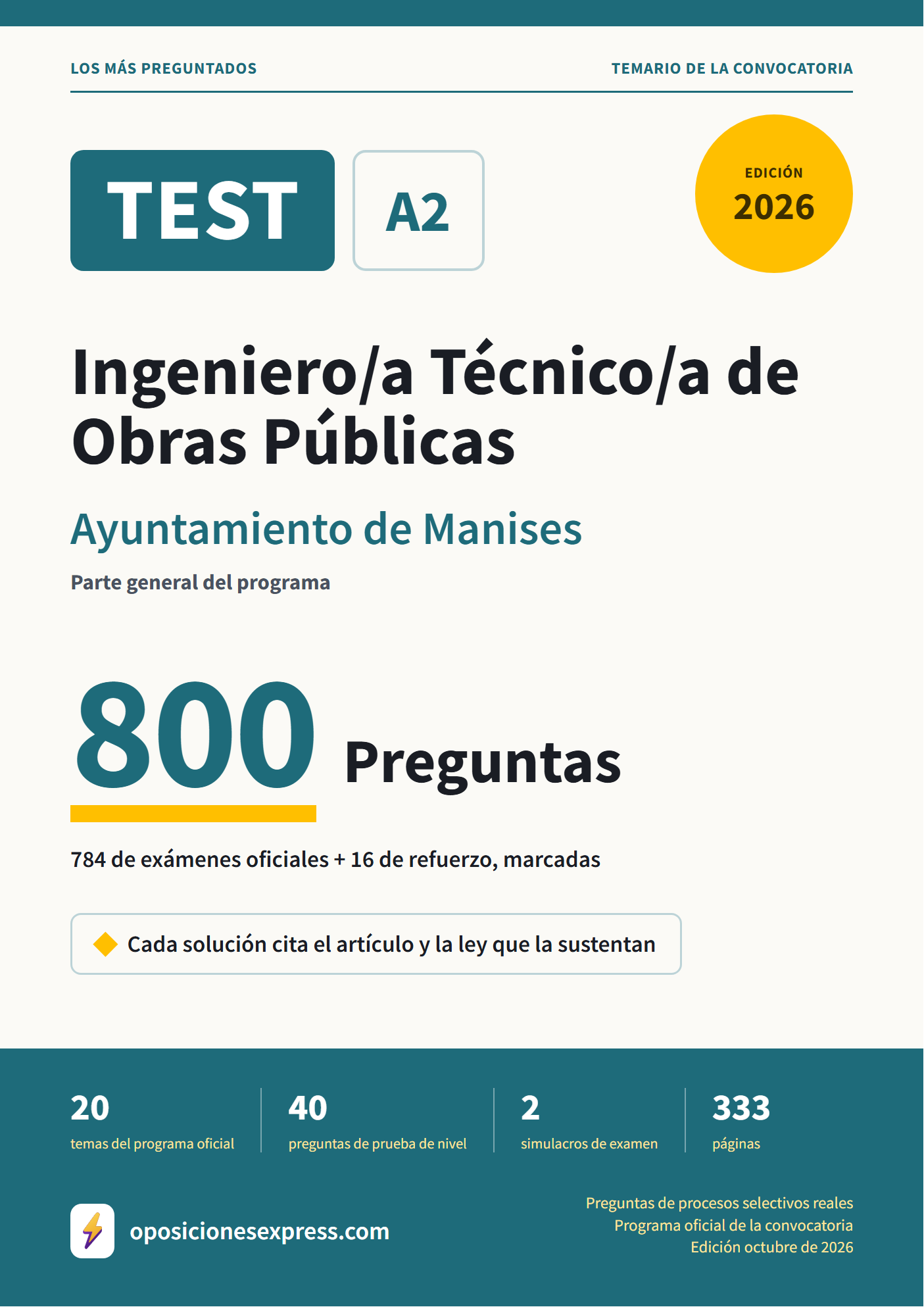Portada del PDF «TEST Ingeniero/a Técnico/a de Obras Públicas · Ayuntamiento de Manises · Parte general», 784 preguntas reales de examen, edición octubre de 2026