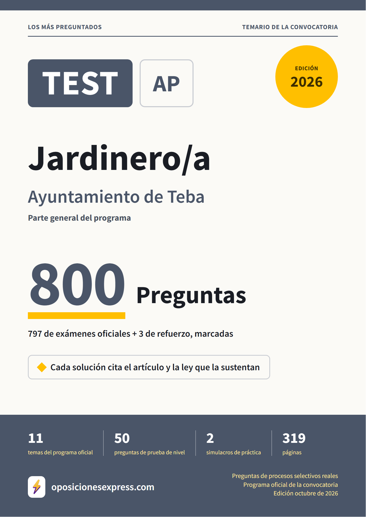 Portada del PDF «TEST Jardinero/a · Ayuntamiento de Teba · Parte general», 797 preguntas reales de examen, edición octubre de 2026