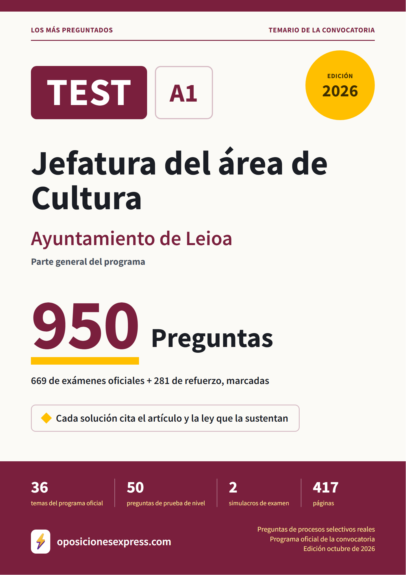 Portada del PDF «TEST Jefatura del área de Cultura · Ayuntamiento de Leioa · Parte general», 669 preguntas reales de examen, edición octubre de 2026