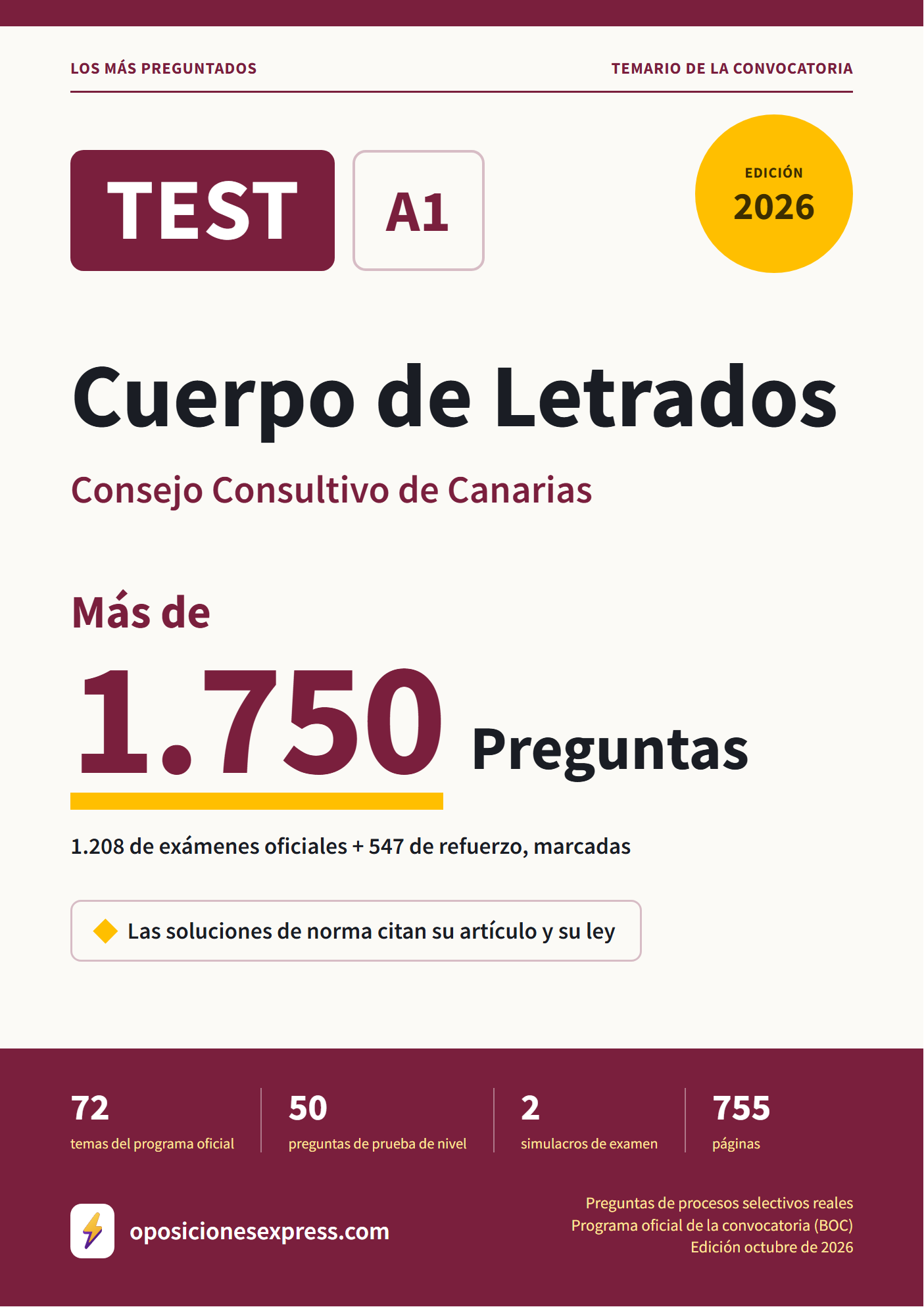 Portada del PDF «TEST Cuerpo de Letrados · Consejo Consultivo de Canarias», 1.208 preguntas reales de examen, edición octubre de 2026