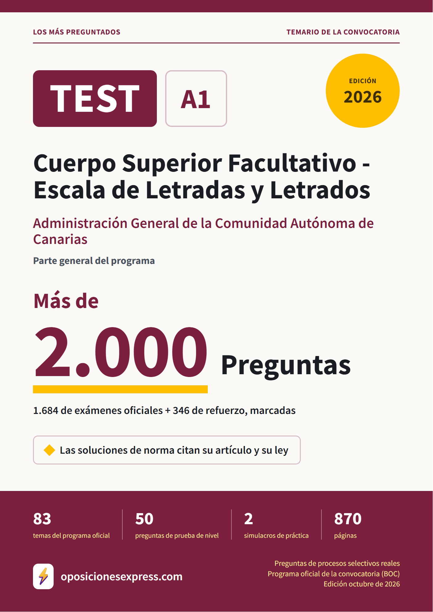 Portada del PDF «TEST Cuerpo Superior Facultativo - Escala de Letradas y Letrados · Administración General de la Comunidad Autónoma de Canarias · Parte general», 1.684 preguntas reales de examen, edición octubre de 2026