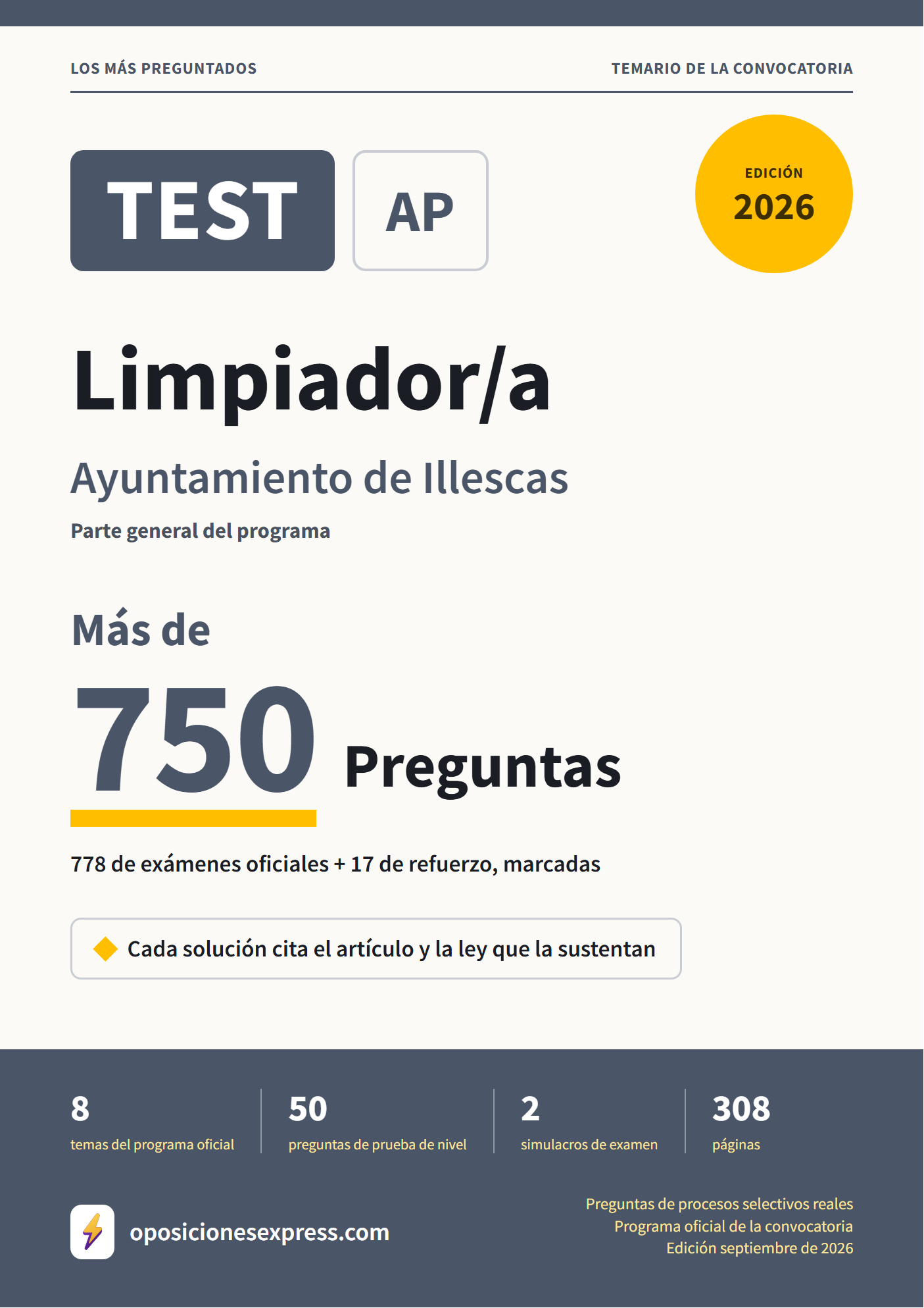 Portada del PDF «TEST Limpiador/a · Ayuntamiento de Illescas · Parte general», 778 preguntas reales de examen, edición septiembre de 2026
