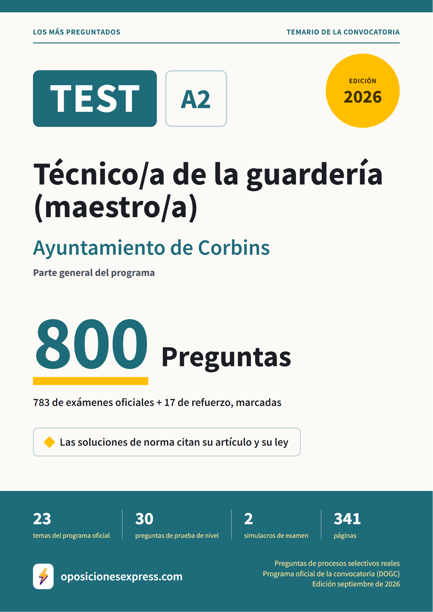 Portada del PDF «TEST Técnico/a de la guardería (maestro/a) · Ayuntamiento de Corbins · Parte general», 783 preguntas reales de examen, edición septiembre de 2026