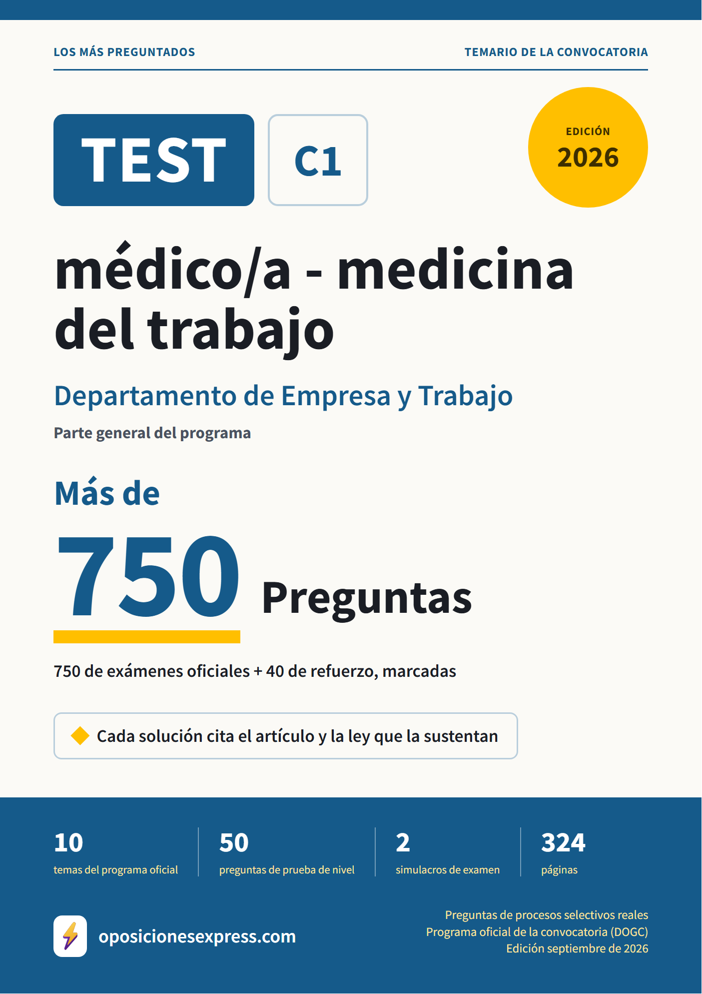 Portada del PDF «TEST médico/a - medicina del trabajo · Departamento de Empresa y Trabajo · Parte general», 750 preguntas reales de examen, edición septiembre de 2026