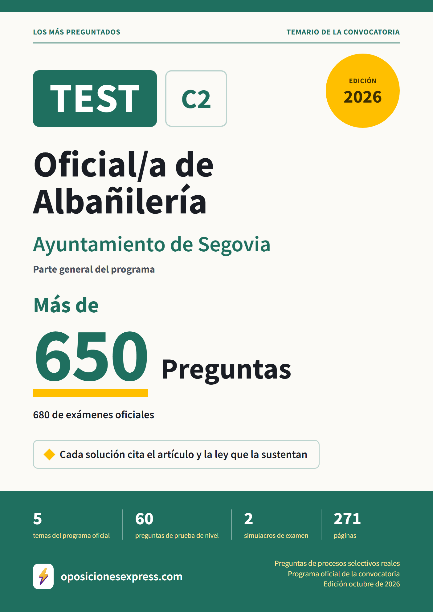 Portada del PDF «TEST Oficial/a de Albañilería · Ayuntamiento de Segovia · Parte general», 680 preguntas reales de examen, edición octubre de 2026