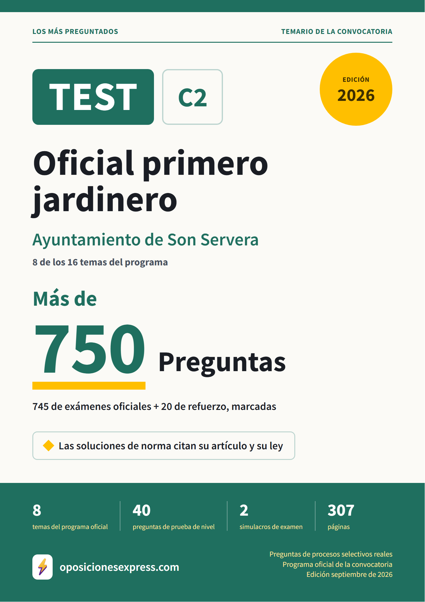 Portada del PDF «TEST Oficial primero jardinero · Ayuntamiento de Son Servera · 8 de 16 temas», 745 preguntas reales de examen, edición septiembre de 2026