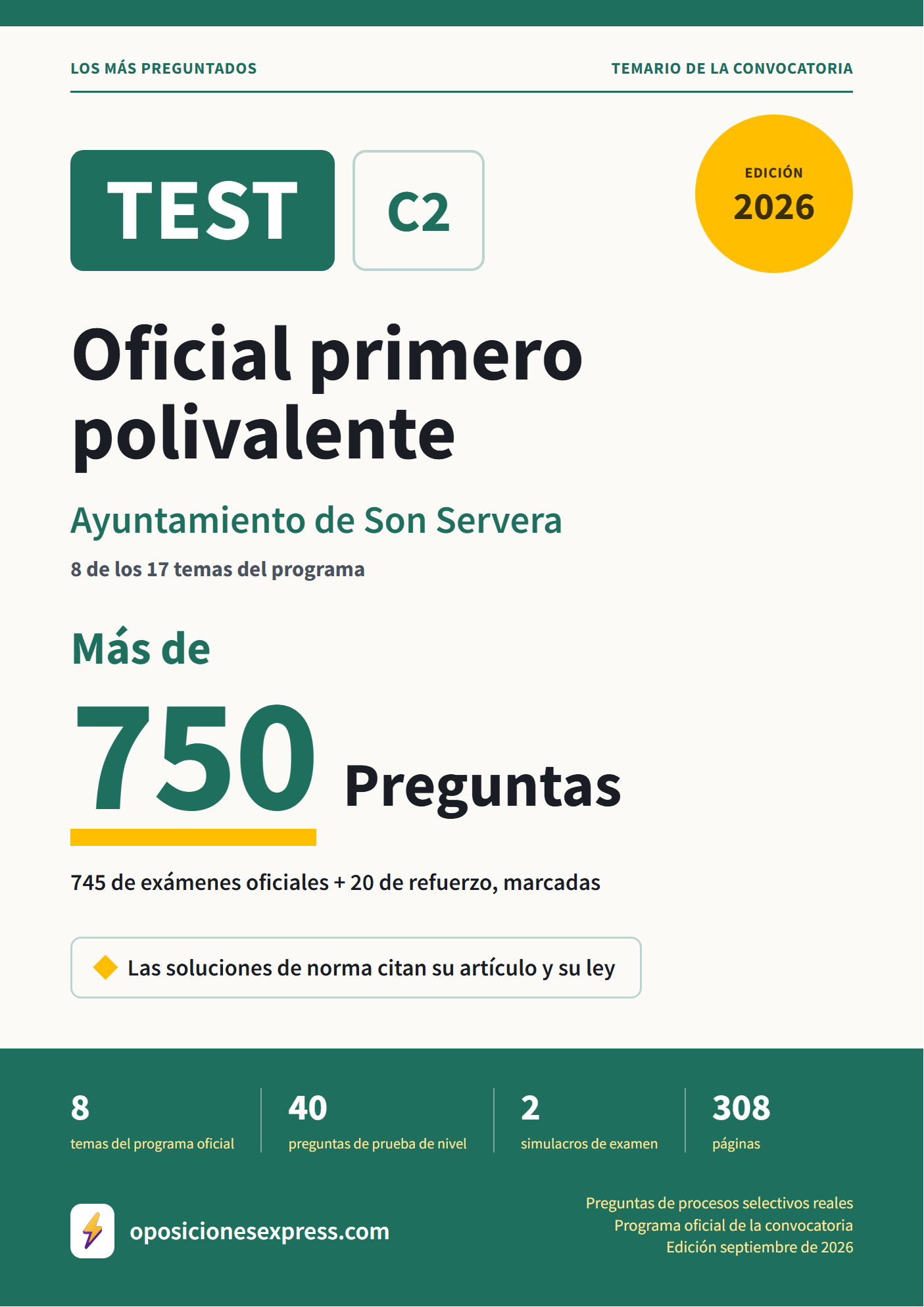 Portada del PDF «TEST Oficial primero polivalente · Ayuntamiento de Son Servera · 8 de 17 temas», 745 preguntas reales de examen, edición septiembre de 2026