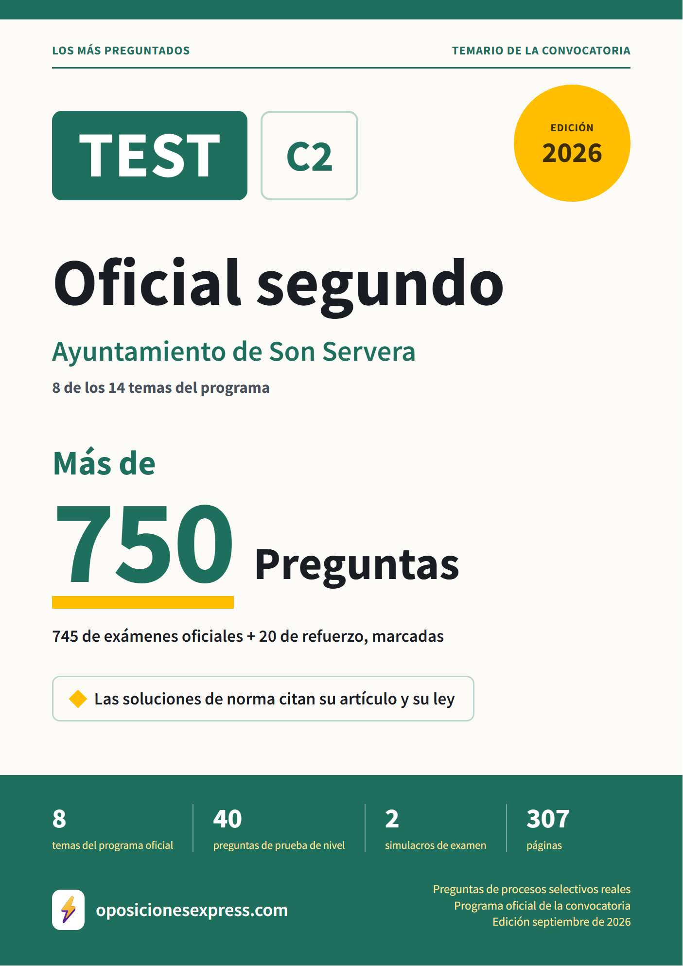 Portada del PDF «TEST Oficial segundo · Ayuntamiento de Son Servera · 8 de 14 temas», 745 preguntas reales de examen, edición septiembre de 2026