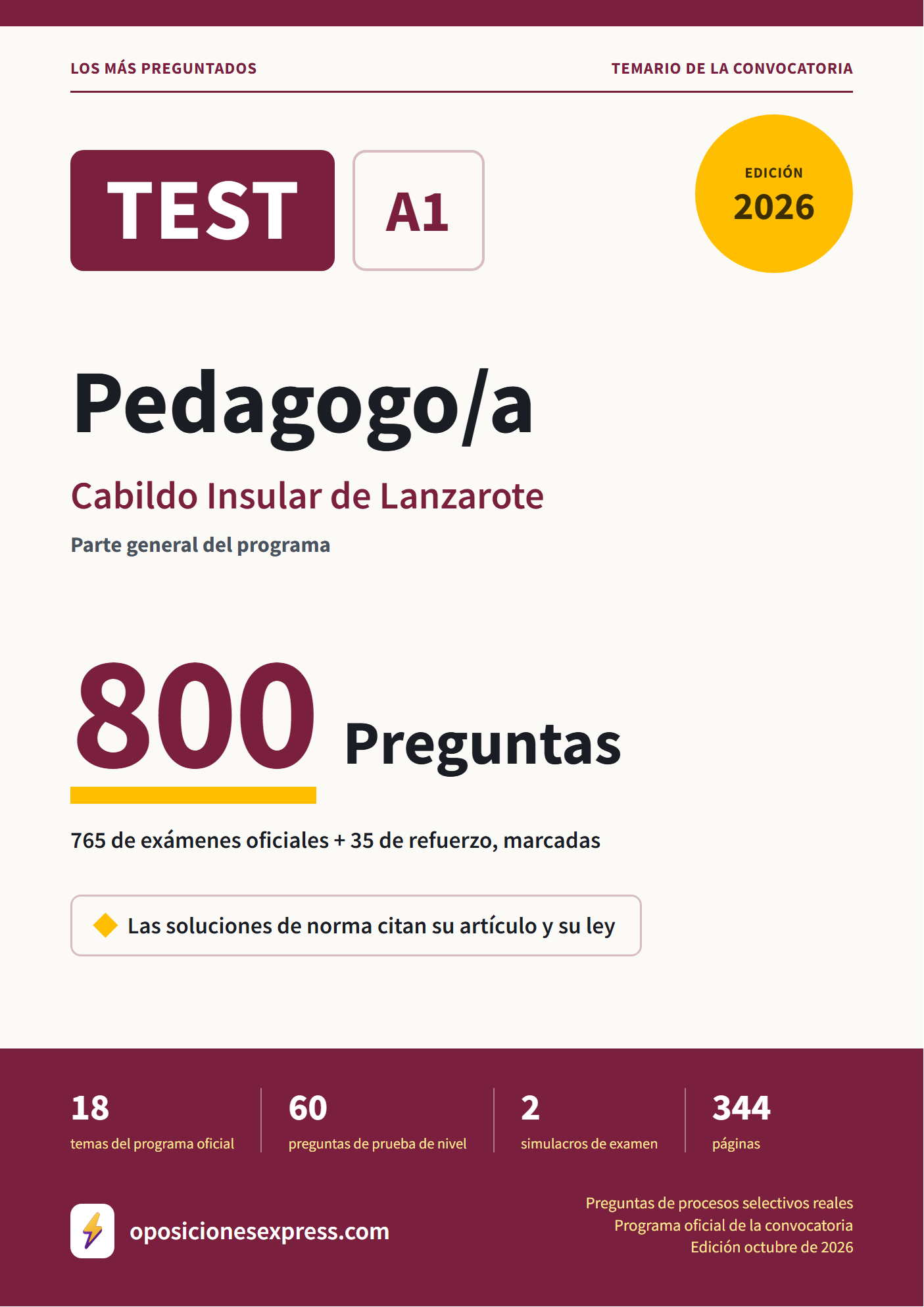 Portada del PDF «TEST Pedagogo/a · Cabildo Insular de Lanzarote · Parte general», 765 preguntas reales de examen, edición octubre de 2026