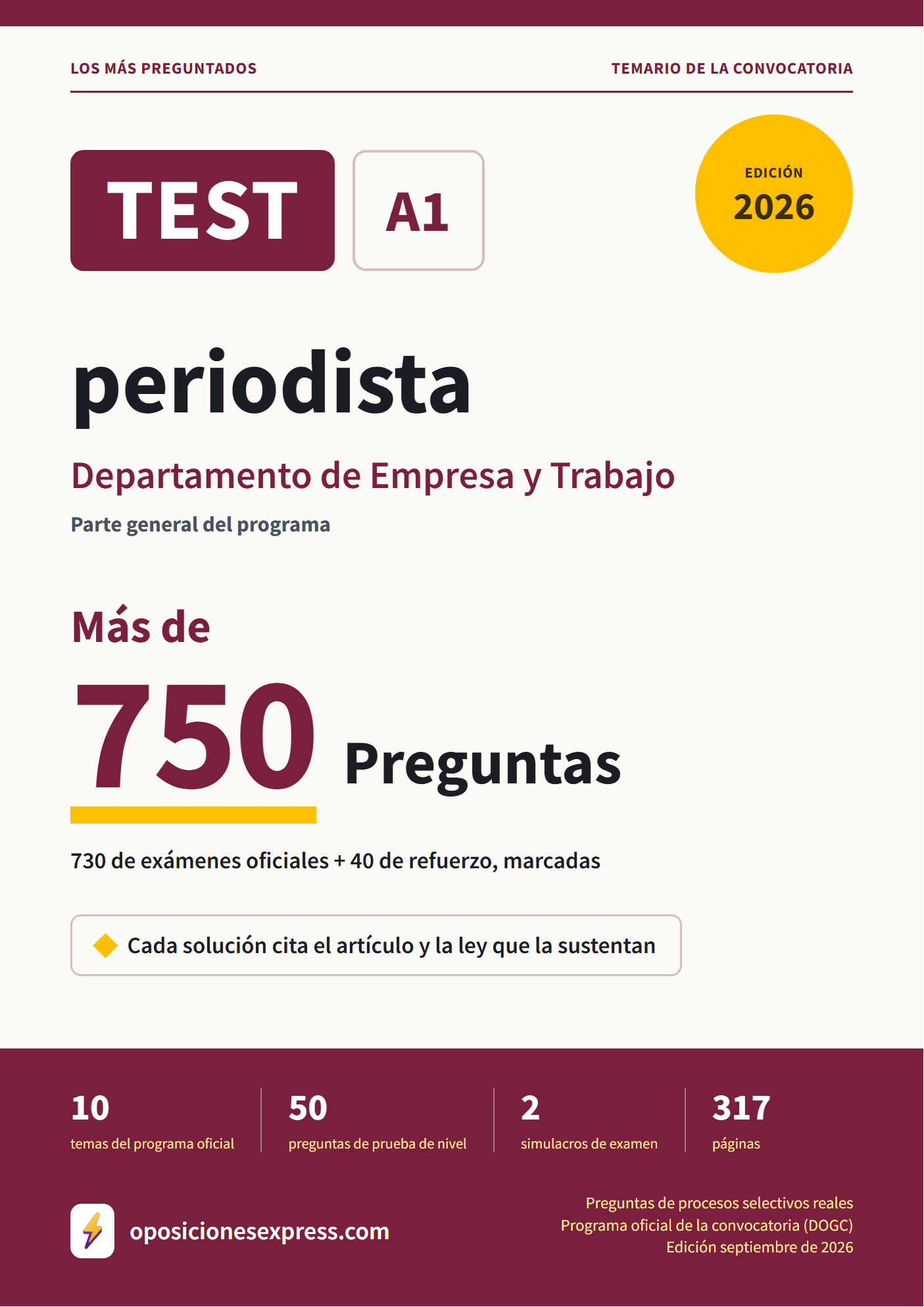Portada del PDF «TEST periodista · Departamento de Empresa y Trabajo · Parte general», 730 preguntas reales de examen, edición septiembre de 2026