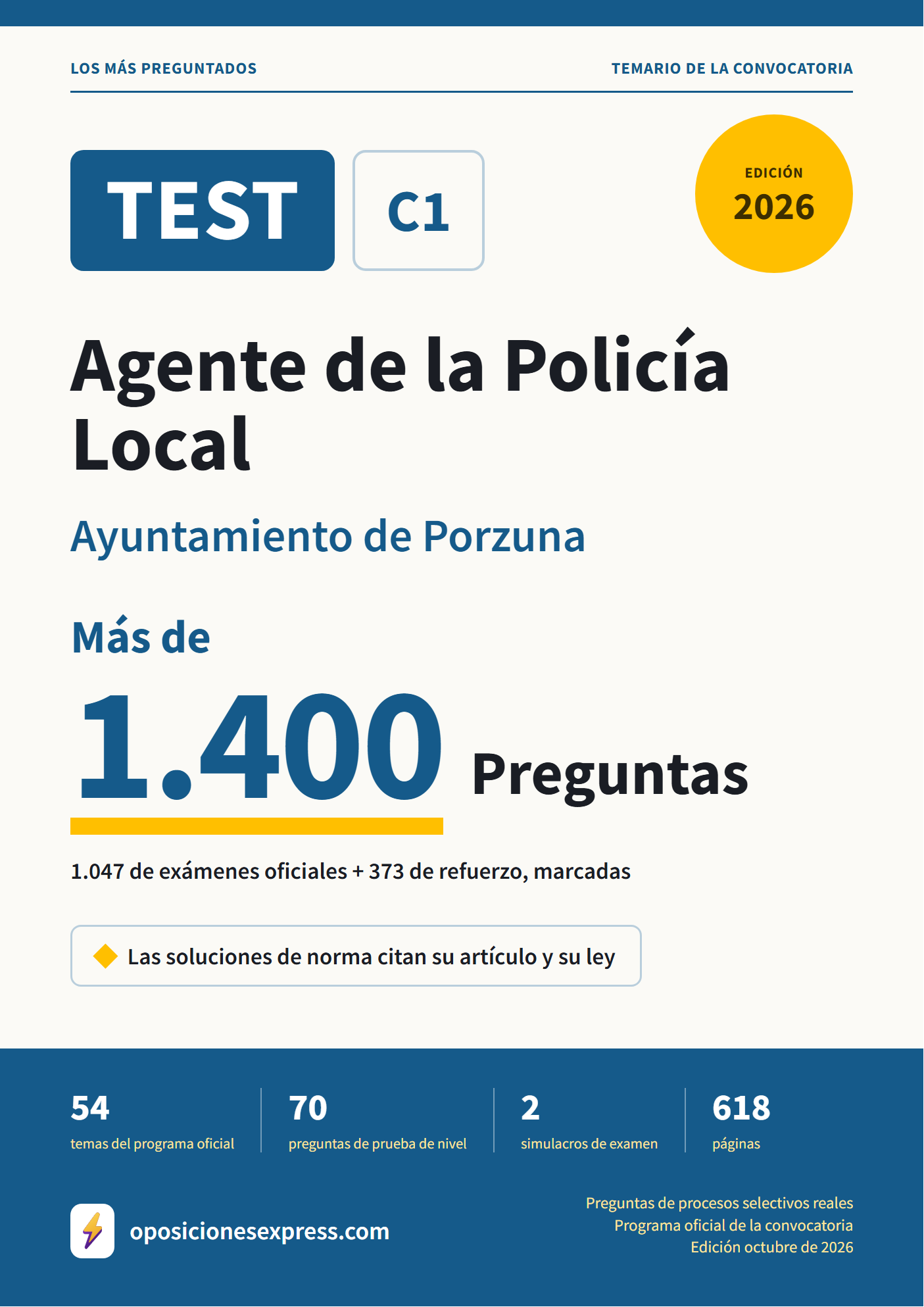 Portada del PDF «TEST Agente de la Policía Local · Ayuntamiento de Porzuna», 1.047 preguntas reales de examen, edición octubre de 2026