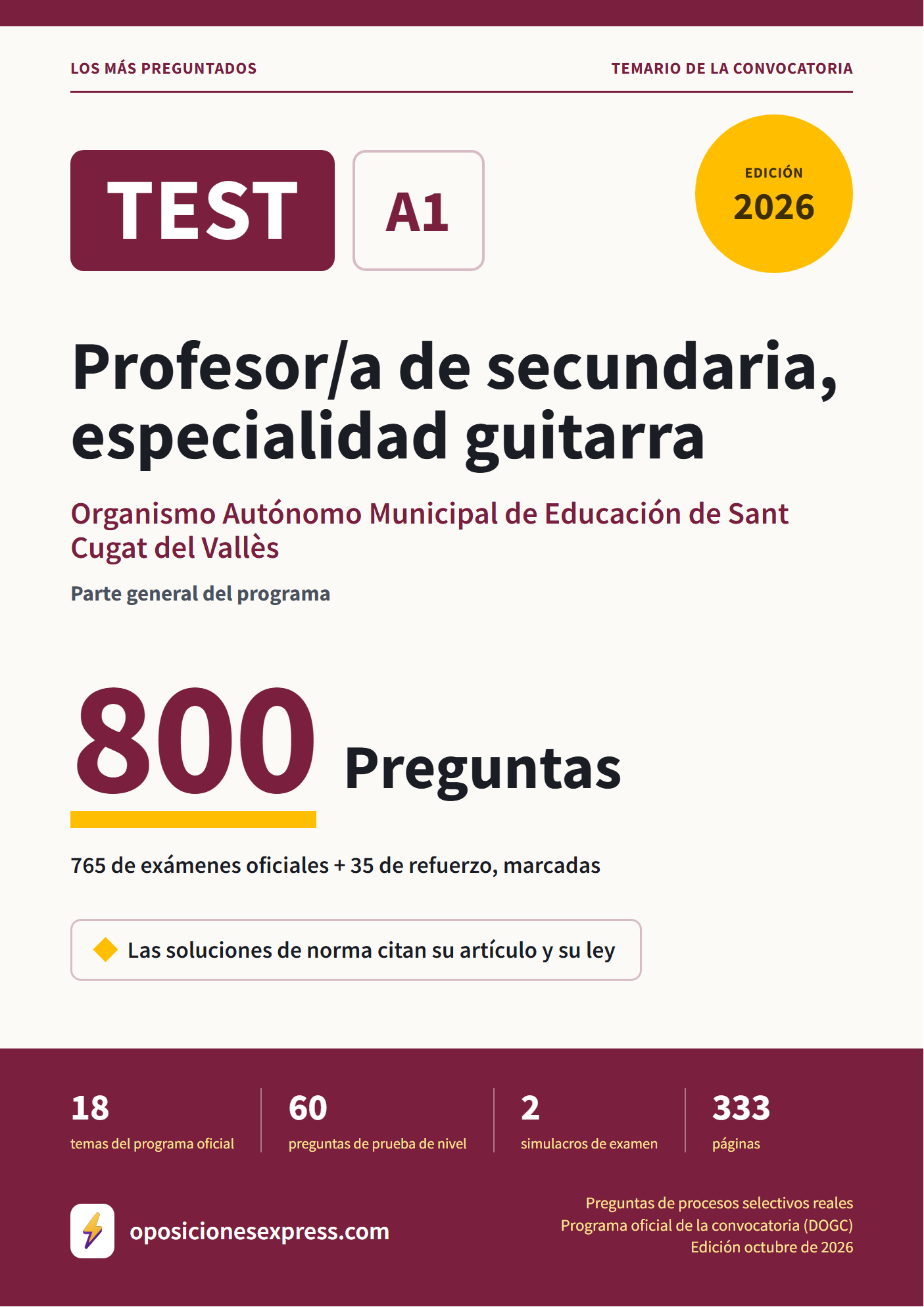 Portada del PDF «TEST Profesor/a de secundaria, especialidad guitarra · Organismo Autónomo Municipal de Educación de Sant Cugat del Vallès · Parte general», 765 preguntas reales de examen, edición octubre de 2026