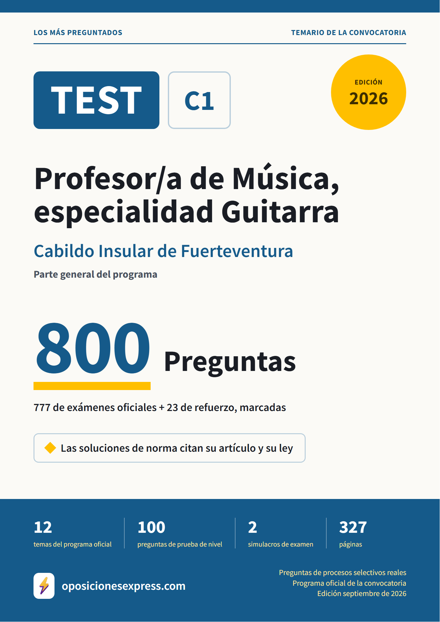 Portada del PDF «TEST Profesor/a de Música, especialidad Guitarra · Cabildo Insular de Fuerteventura · Parte general», 777 preguntas reales de examen, edición septiembre de 2026
