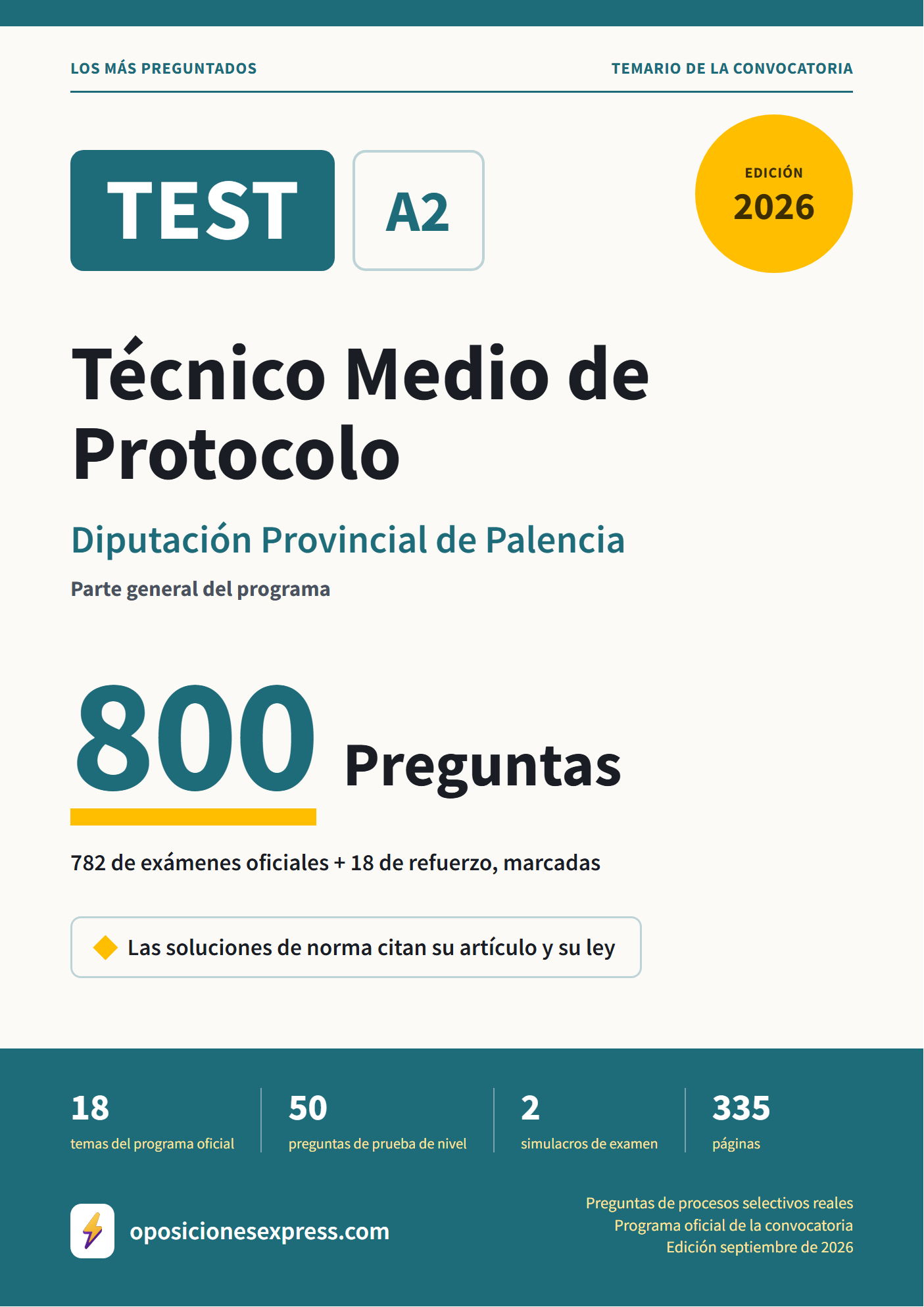 Portada del PDF «TEST Técnico Medio de Protocolo · Diputación Provincial de Palencia · Parte general», 782 preguntas reales de examen, edición septiembre de 2026