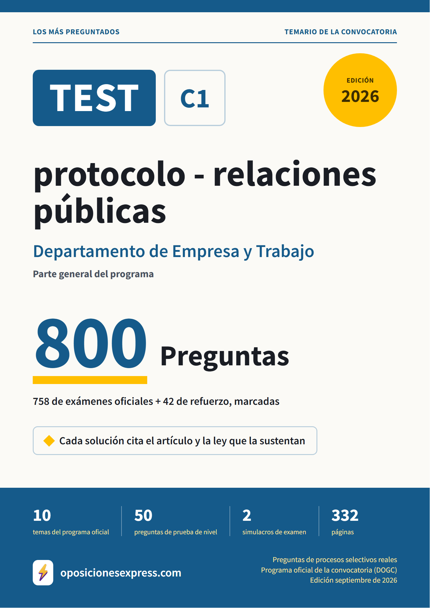 Portada del PDF «TEST protocolo - relaciones públicas · Departamento de Empresa y Trabajo · Parte general», 758 preguntas reales de examen, edición septiembre de 2026