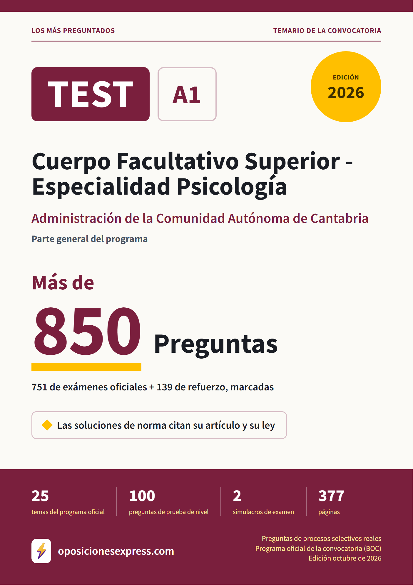 Portada del PDF «TEST Cuerpo Facultativo Superior - Especialidad Psicología · Administración de la Comunidad Autónoma de Cantabria · Parte general», 751 preguntas reales de examen, edición octubre de 2026