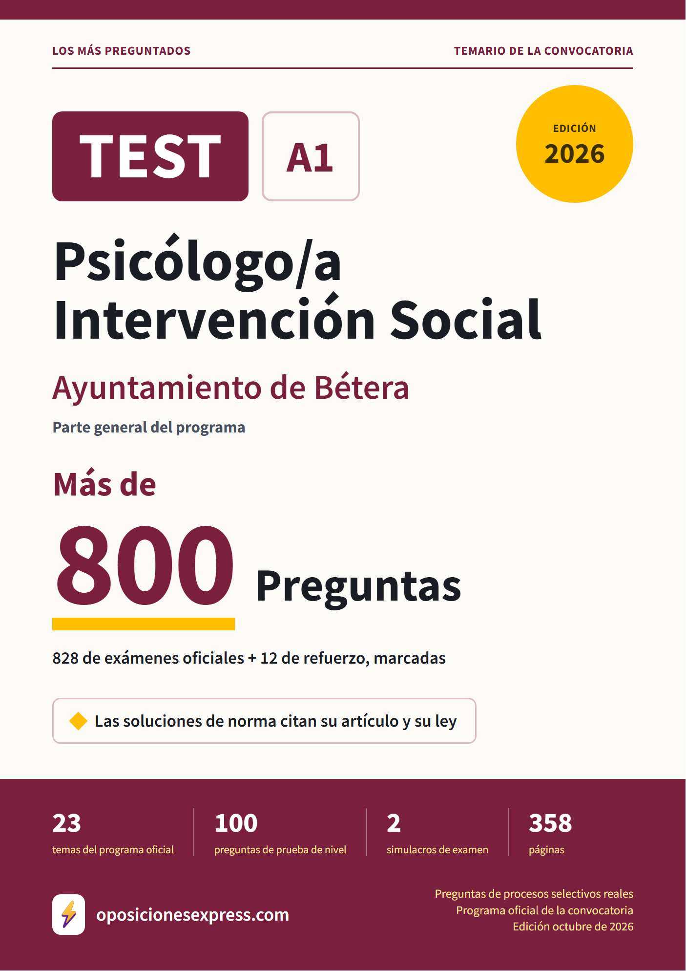 Portada del PDF «TEST Psicólogo/a Intervención Social · Ayuntamiento de Bétera · Parte general», 828 preguntas reales de examen, edición octubre de 2026