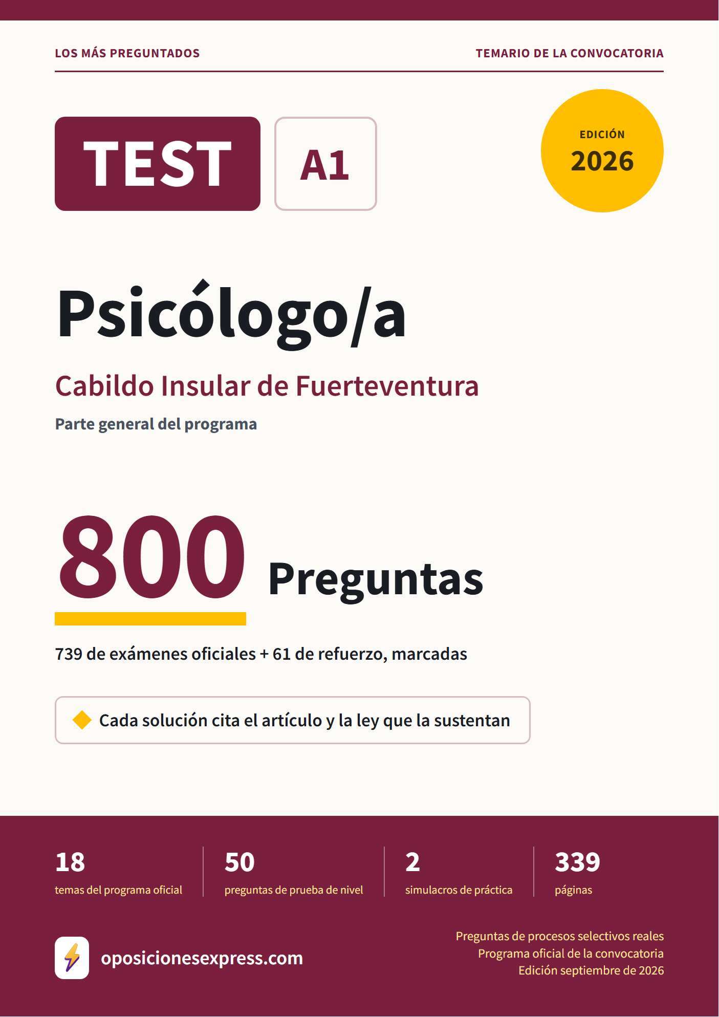 Portada del PDF «TEST Psicólogo/a · Cabildo Insular de Fuerteventura · Parte general», 739 preguntas reales de examen, edición septiembre de 2026