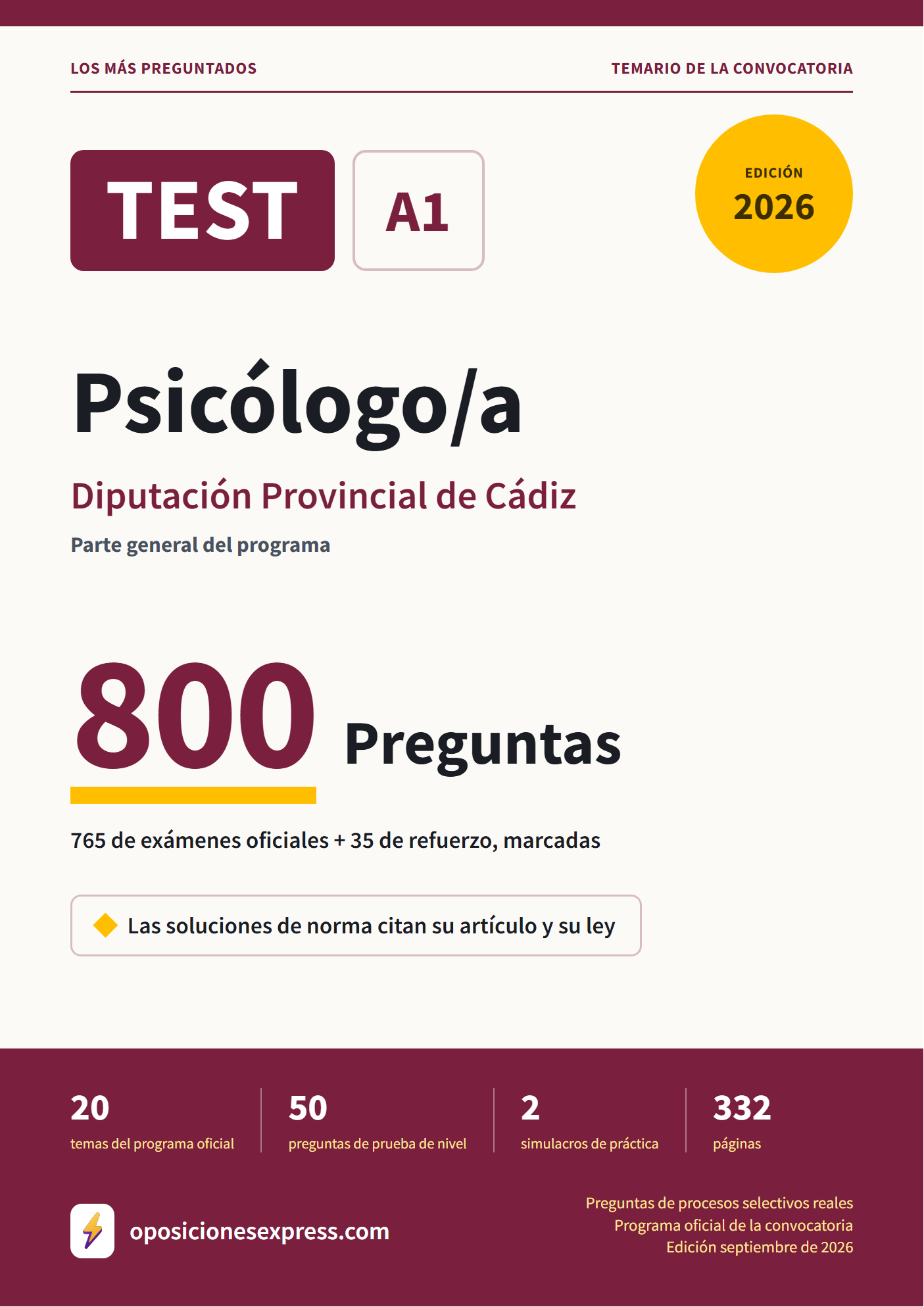 Portada del PDF «TEST Psicólogo/a · Diputación Provincial de Cádiz · Parte general», 765 preguntas reales de examen, edición septiembre de 2026
