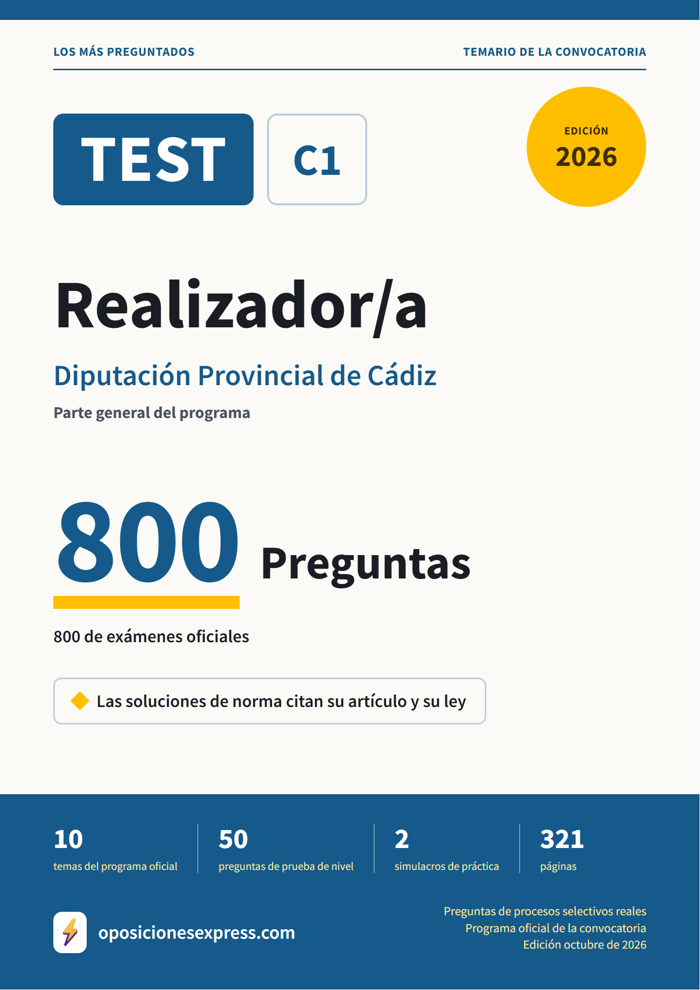 Portada del PDF «TEST Realizador/a · Diputación Provincial de Cádiz · Parte general», 800 preguntas reales de examen, edición septiembre de 2026