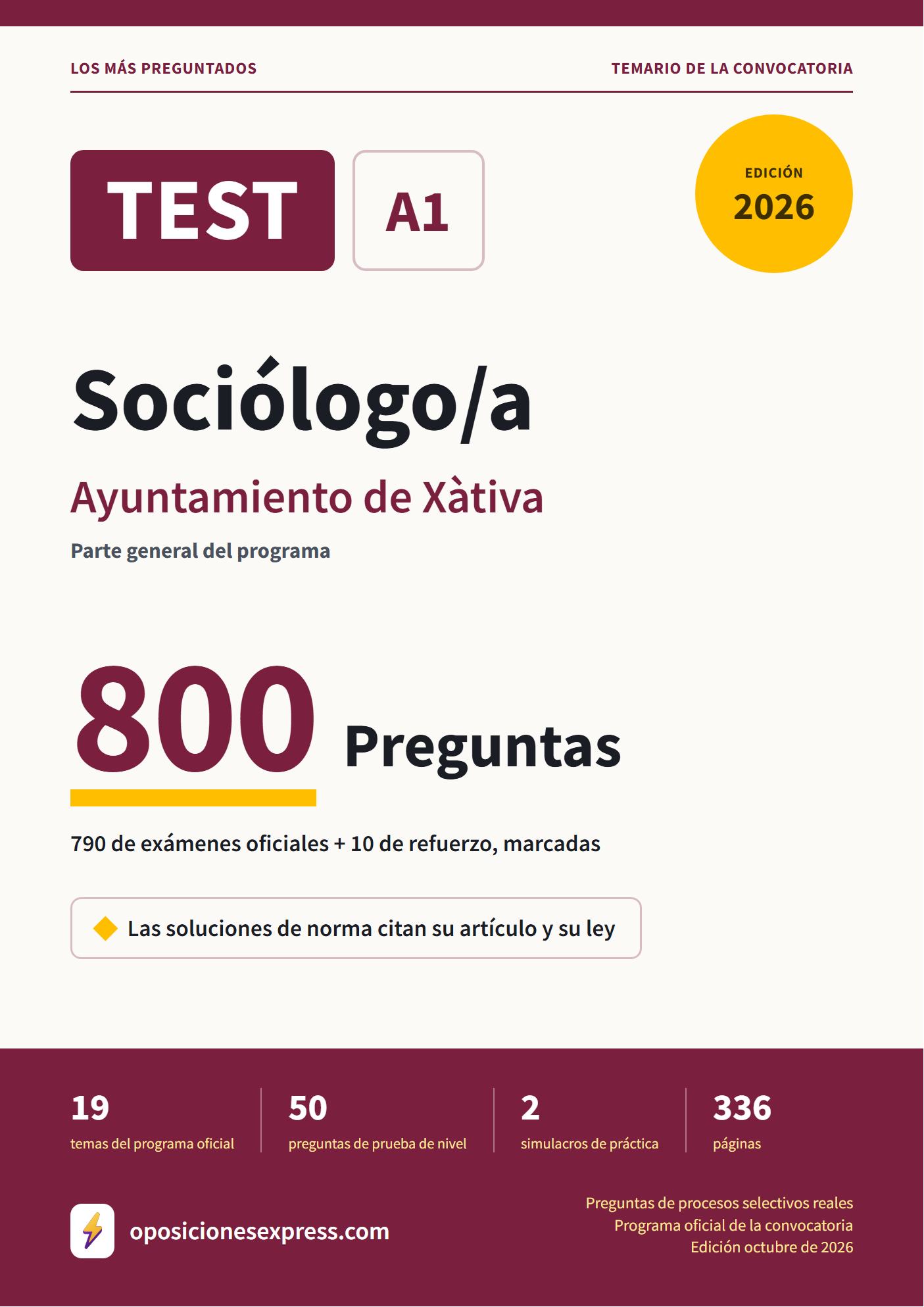 Portada del PDF «TEST Sociólogo/a · Ayuntamiento de Xàtiva · Parte general», 790 preguntas reales de examen, edición septiembre de 2026