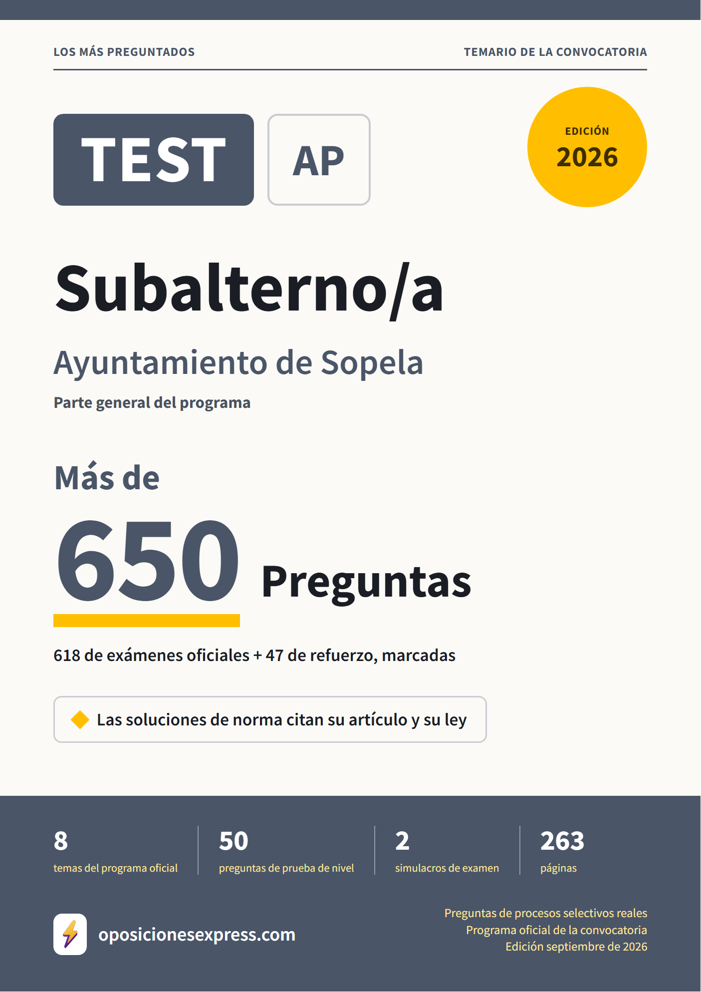 Portada del PDF «TEST Subalterno/a · Ayuntamiento de Sopela · Parte general», 618 preguntas reales de examen, edición septiembre de 2026